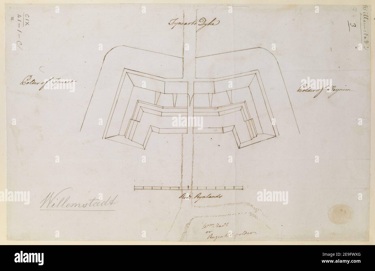 Map of Fort Hompesch . Author  Eyre, William 109.41.1.c. Date of publication: 1747 c.  Item type: 1 map Medium: pen and ink with coloured wash Dimensions: 20.3 x 31.0 cm  Former owner: George III, King of Great Britain, 1738-1820 Stock Photo