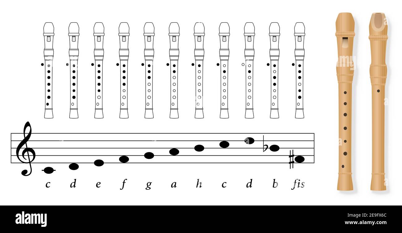 Fingering chart for recorder tuned in C, german notation, with black covered holes and white uncovered. Stave with corresponding basic musical notes. Stock Photo