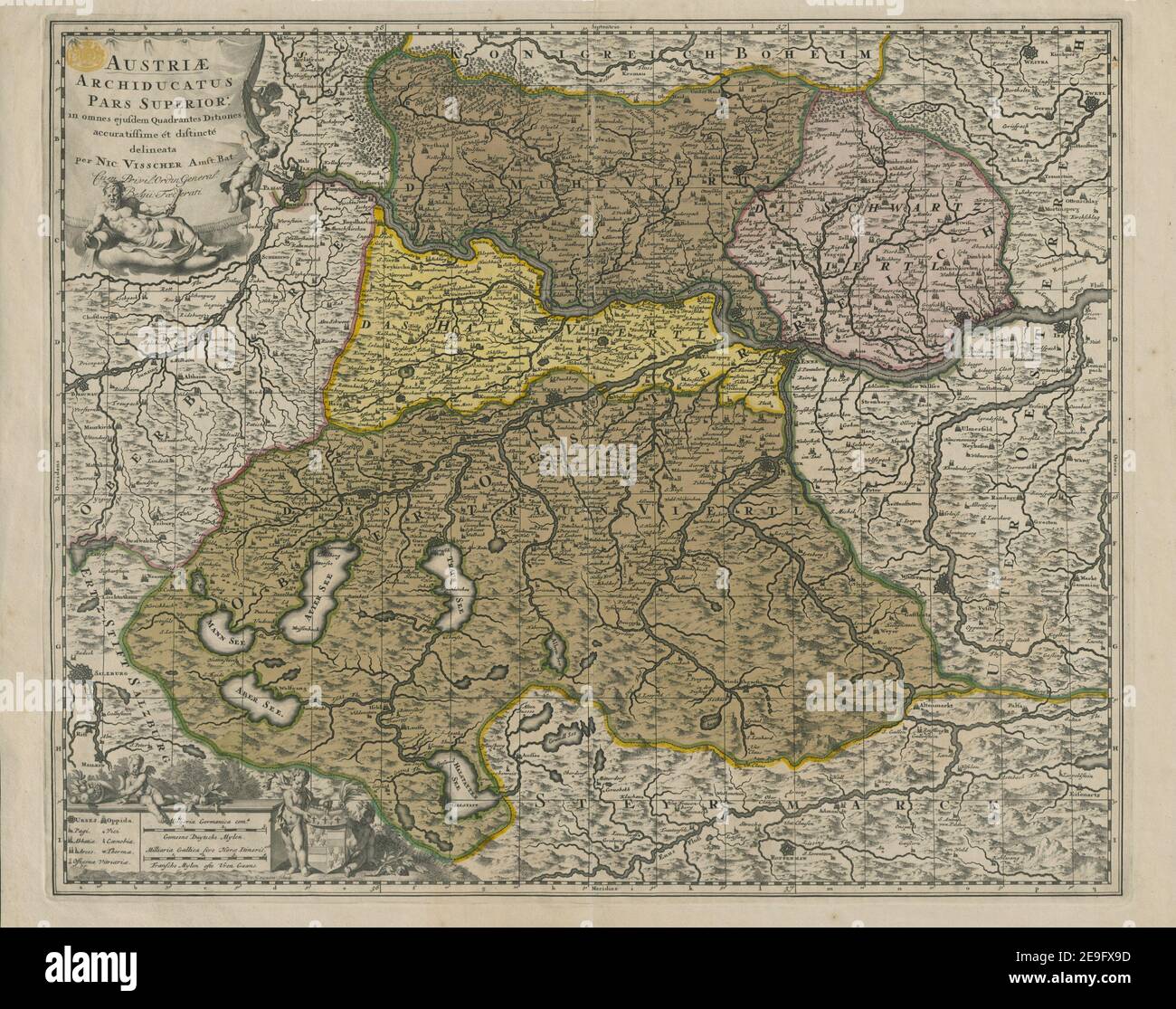 AUSTRIAE ARCHIDUCATUS PARS SUPERIOR in omnes ejusdem Quadrantes Ditiones accuratissime et distincte delineata  Author  Visscher, Nicolaes 90.14.1. Place of publication: [Amsterdam] Publisher: per NIC VISSCHER Amst: Bat: Cum Privil. Ordin. General Belgii Foederati, Date of publication: [about 1680.]  Item type: 1 map Medium: copperplate engraving, hand colour Dimensions: 45 x 55 cm  Former owner: George III, King of Great Britain, 1738-1820 Stock Photo