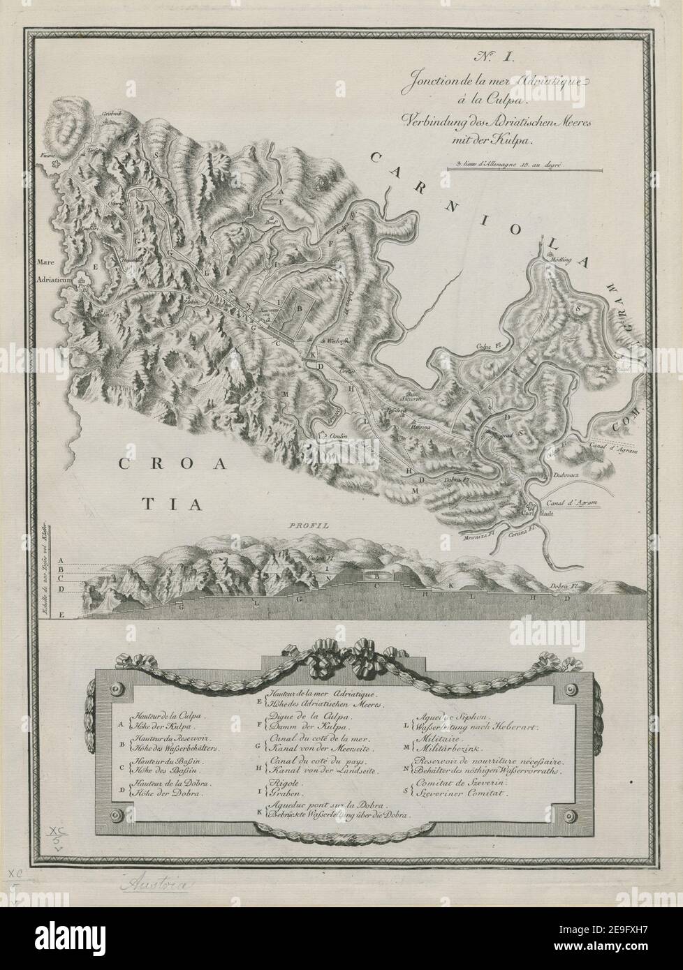 N.o I. Jonction de la mer Adriatique aÃÄ la Culpa. = Verbindung des Adriatischen Meeres mit der Kulpa. Author  Maire, F. J. 90.5.5. Place of publication: [Vienna] Publisher: [Sortie aux fraix de M.rs FreÃÅd. Bargum , Comp.ie Banquiers privil: de S. M. I. R. A. aÃÄ Vienne] Date of publication: [1786.]  Item type: 1 map Medium: copperplate engraving Dimensions: 35 x 37 cm, on sheet 54 x 41 cm  Former owner: George III, King of Great Britain, 1738-1820 Stock Photo