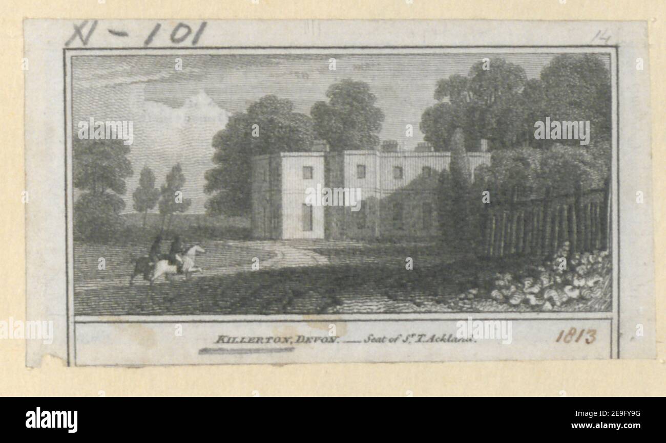 KILLERTON, DEVON. Seat of Sr T. Ackland. Visual Material information:  Title: KILLERTON, DEVON. Seat of Sr T. Ackland. 11.101. Place of publication: [England] Publisher: [William Peacock] Date of publication: 1813.  Item type: 1 print Medium: etching and engraving Dimensions: sheet 4 x 7 cm.  Former owner: George III, King of Great Britain, 1738-1820 Stock Photo