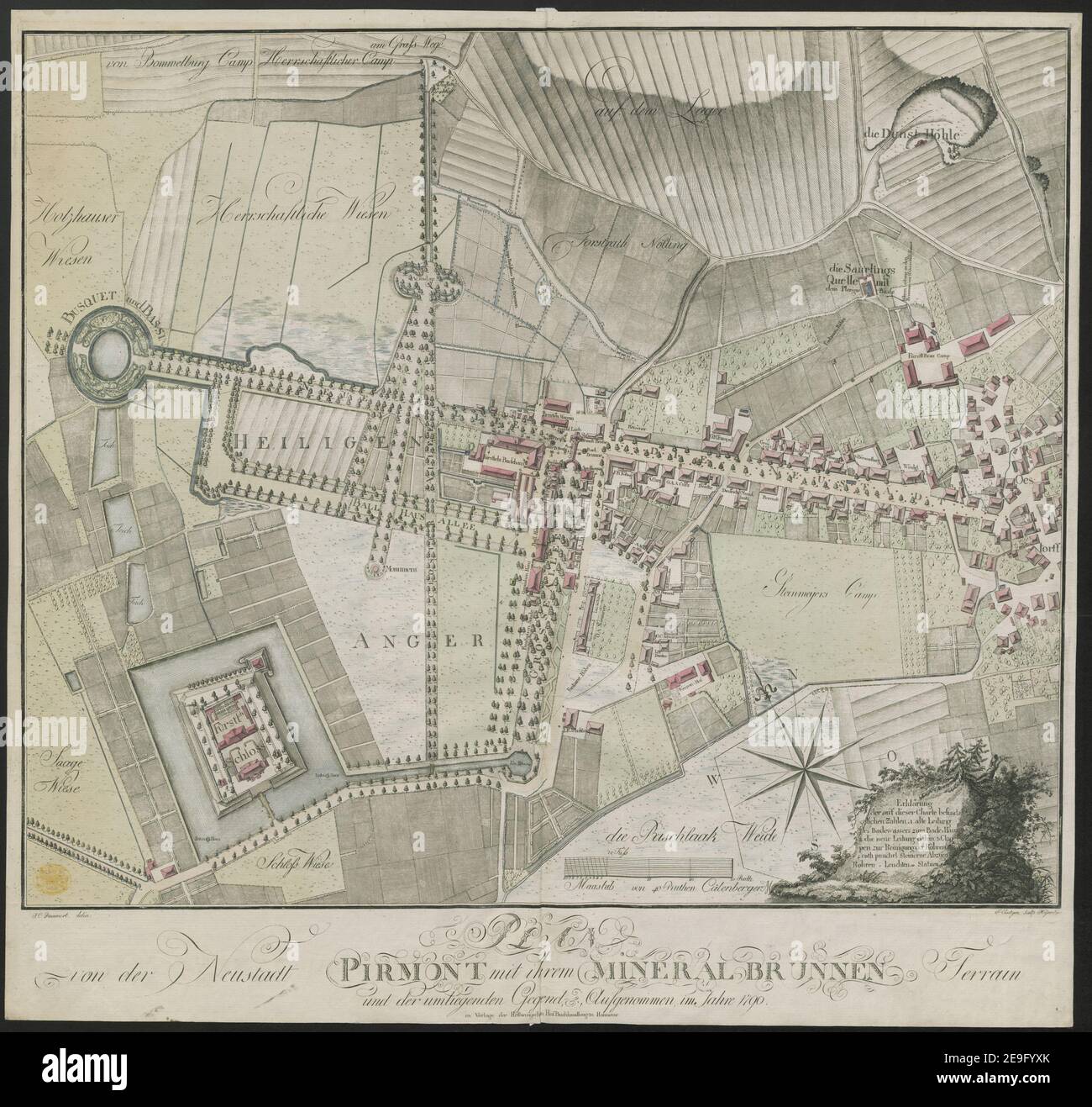 PLAN von der Neustadt PIRMONT miit ihrem MINERAL BRUNNEN Terrain und der umliegenden Gegend, aufgenommen im Jahre 1790  Author  Dammert, J. C. 92.57.2. Place of publication: [Hannover?] Publisher: [publisher not identified] Date of publication: 1790.  Item type: 1 map Medium: copperplate engraving, hand colour Dimensions: 50 x 59 cm  Former owner: George III, King of Great Britain, 1738-1820 Stock Photo