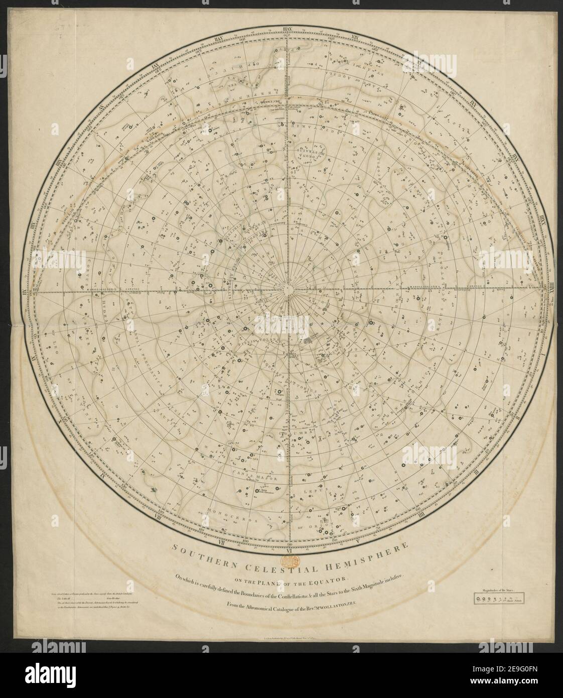 Northern (Southern) Celestial Hemisphere on the Plane of the Equator, on which is ... defined the boundaries of the Constellations, and all the stars to the sixth magnitude inclusive from the astronomical Catalogu Book information:  Title: Northern (Southern) Celestial Hemisphere on the Plane of the Equator, on which is ... defined the boundaries of the Constellations, and all the stars to the sixth magnitude inclusive; from the astronomical Catalogue of the Rev. Mr Wollaston. 1.67. Place of publication: London Publisher: J. Cary, Date of publication: 1809 Stock Photo