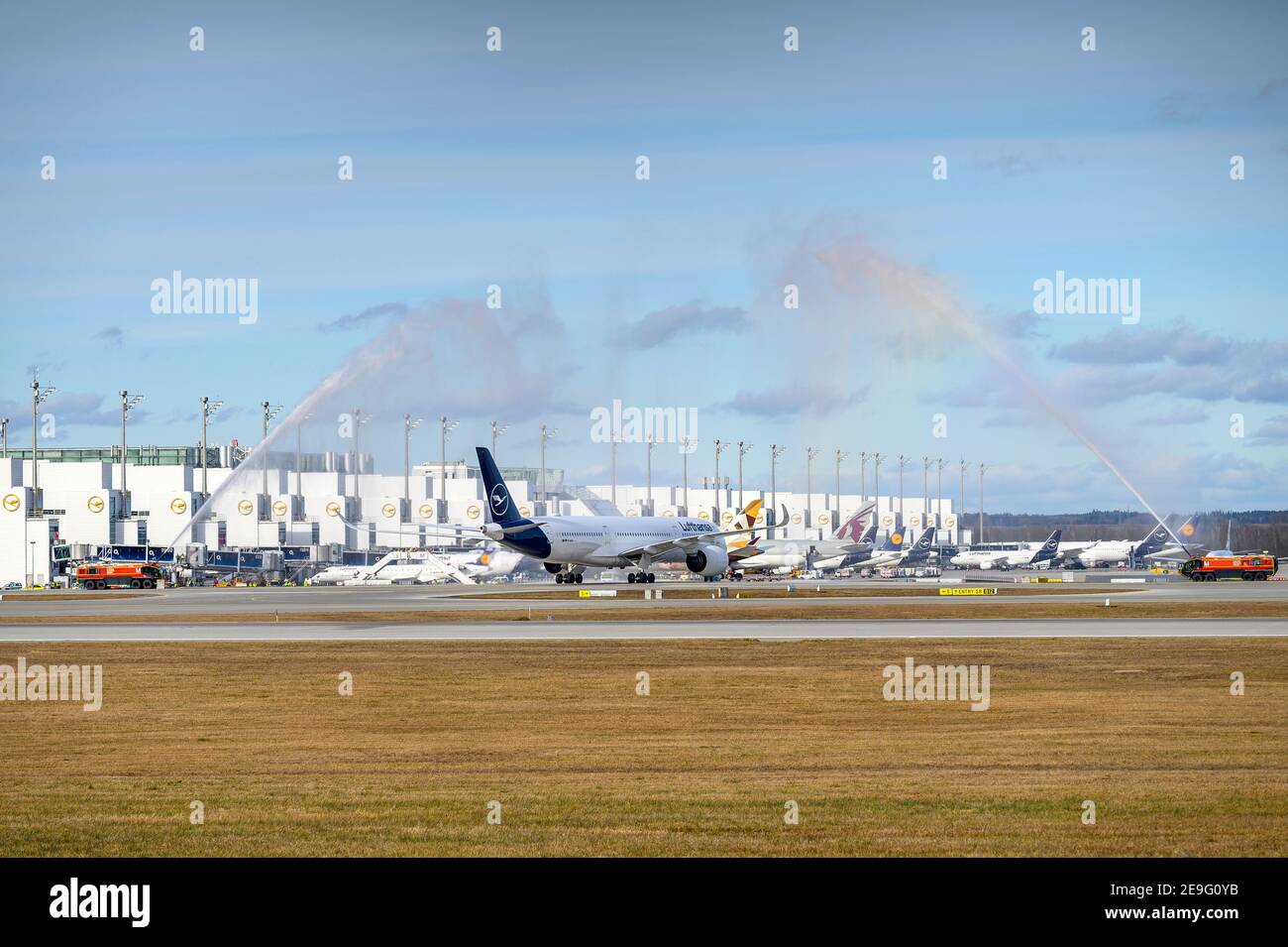 Munich, Germany - February 04. 2021 : Lufthansa special flight LH2575 from Mount Pleasant on the Falkland Islands MPN lands at Munich Airport MUC Stock Photo