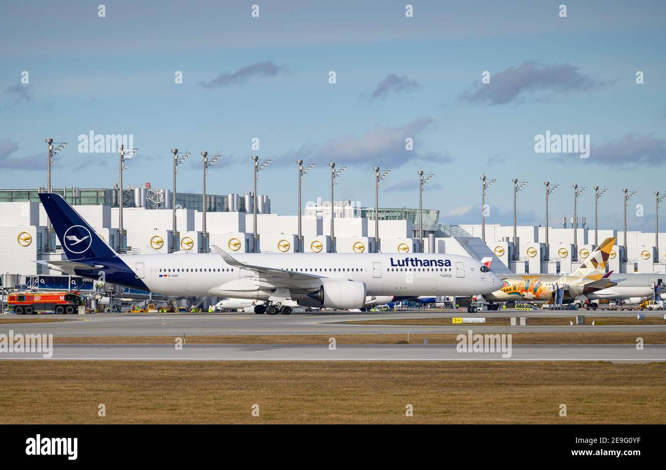 Munich, Germany - February 04. 2021 : Lufthansa special flight LH2575 from Mount Pleasant on the Falkland Islands MPN lands at Munich Airport MUC Stock Photo