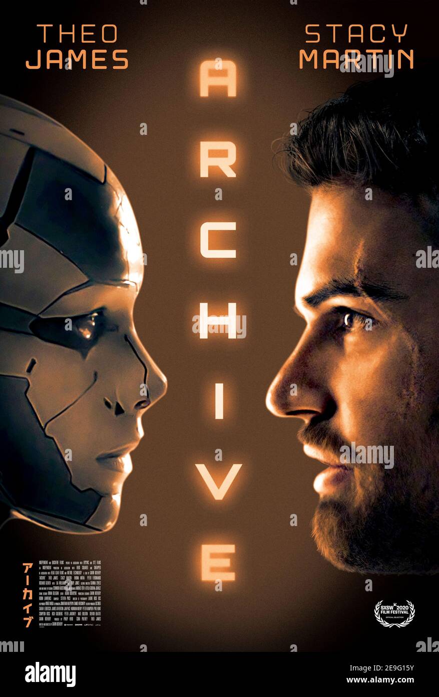Archive (2020) directed by Gavin Rothery and starring Theo James, Stacy Martin and Rhona Mitra. In the year 2038 a man works on an android to try and be reunited with his dead wife. Stock Photo