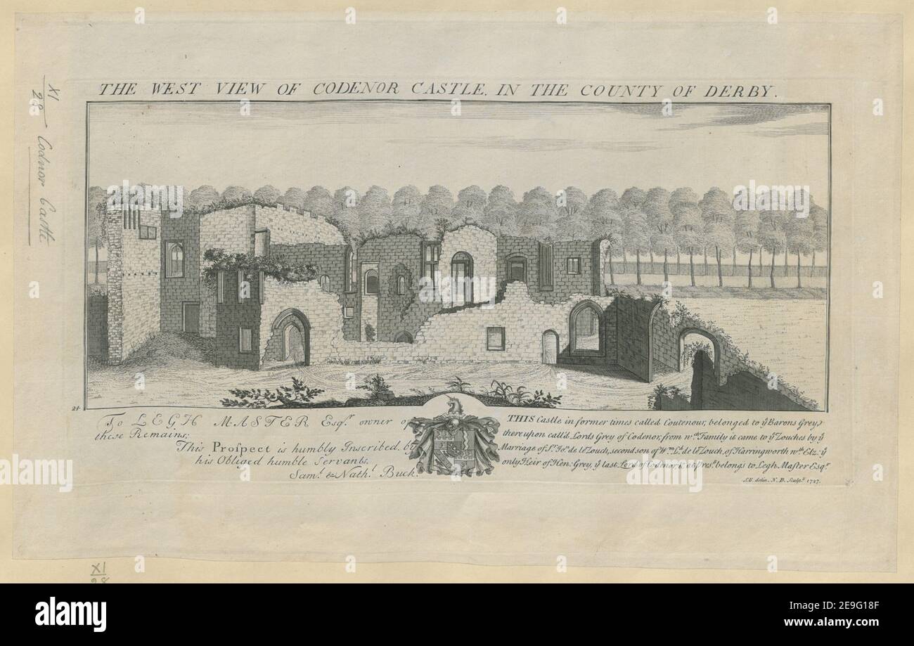 The West View of Codenor Castle, in the County of Derby.  Author  Buck, Samuel 11.28. Place of publication: [London] Publisher: [S , N Buck] Date of publication: [1727]  Item type: 1 print Medium: etching and engraving Dimensions: platemark 19.0 x 36.8 cm.  Former owner: George III, King of Great Britain, 1738-1820 Stock Photo