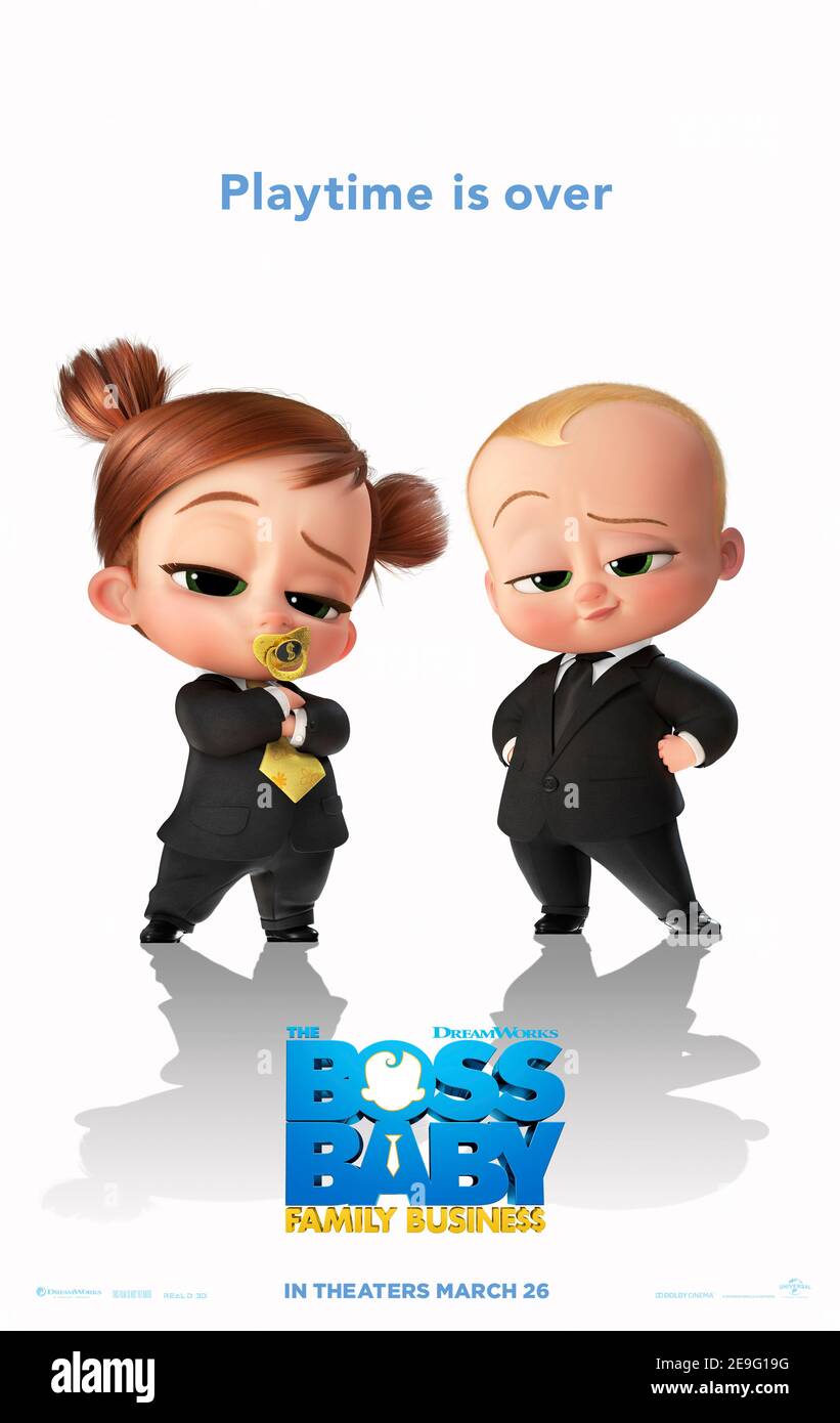 The Boss Baby: Family Business (2021) directed by Tom McGrath and starring James Marsden, Amy Sedaris and Jeff Goldblum. A new boss baby brings the estranged and now grown-up Templeton Bros back together in a new business venture. Stock Photo