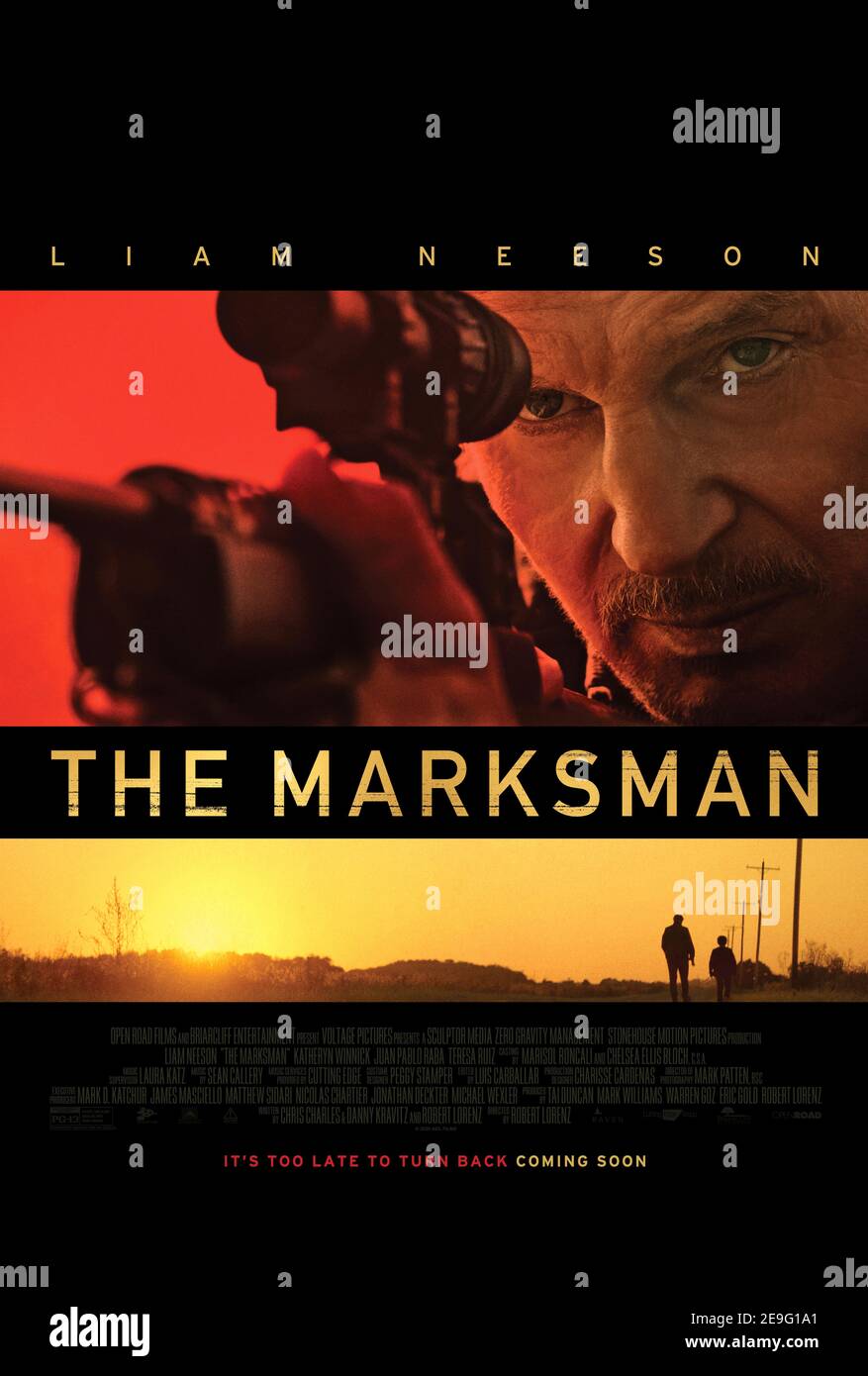 The Marksman (2021) directed by Robert Lorenz and starring Katheryn Winnick, Liam Neeson and Teresa Ruiz. A rancher on the US-Mexican border becomes the unlikely defender of a young Mexican boy fleeing drug cartel assassins. Stock Photo