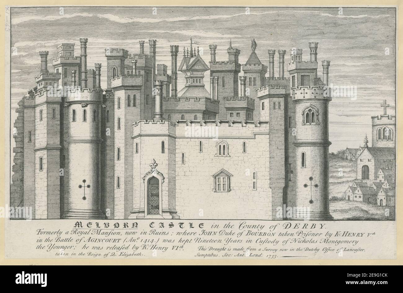 Melbourn Castle in the County of Derby  Author  Mason, James 11.43. Place of publication: [London] Publisher: [Society of Antiquaries] Date of publication: [1733]  Item type: 1 print Medium: etching Dimensions: sheet 29.4 x 45.8 cm [trimmed within platemark]  Former owner: George III, King of Great Britain, 1738-1820 Stock Photo