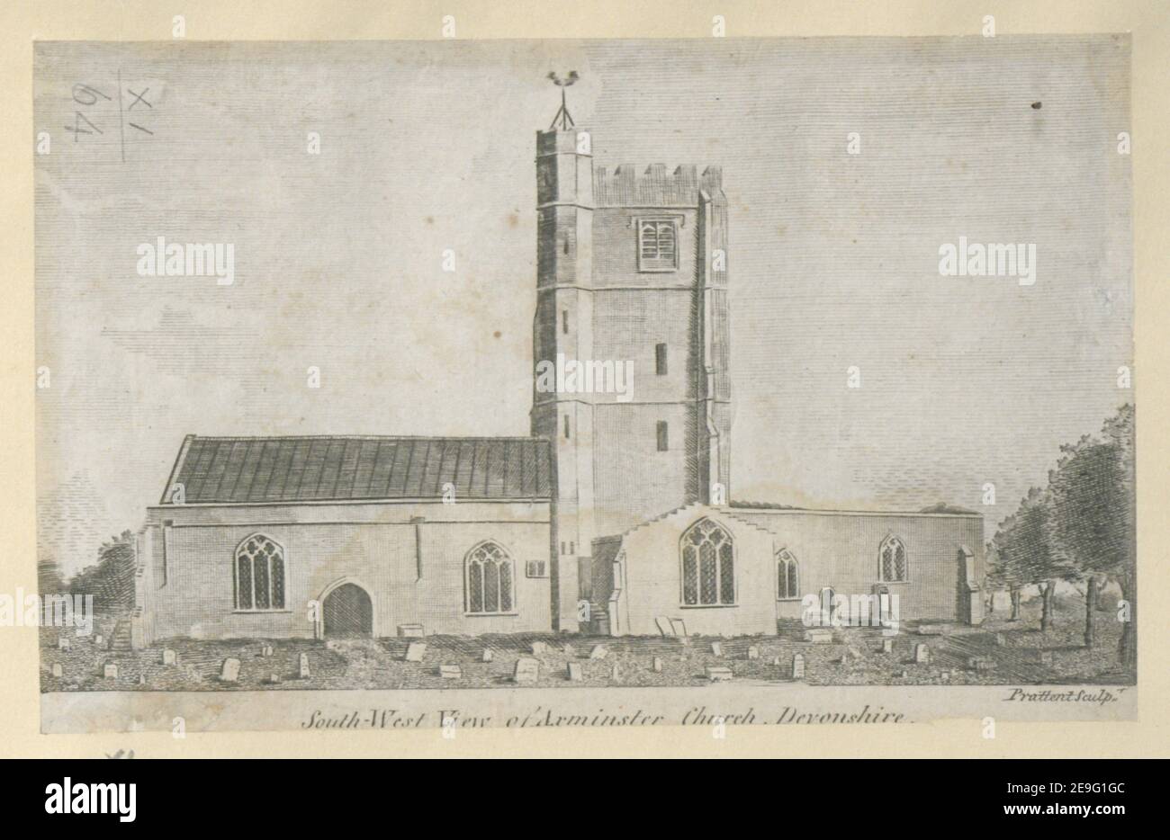 South West View of Axminster Church, Devonshire.  Author  Prattent, Thomas 11.64. Place of publication: [England] Publisher: [Gentleman's Magazine] Date of publication: [1792]  Item type: 1 print Medium: etching Dimensions: sheet 10 x 16 cm.  Former owner: George III, King of Great Britain, 1738-1820 Stock Photo