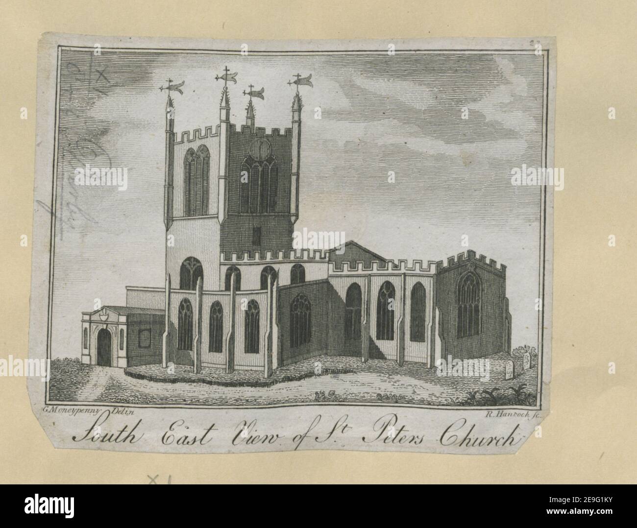 South East View of St. Peters Church.  Author  Hancock, Robert 11.8.i. Place of publication: [London, Derby , Birmingham] Publisher: [Printed by J. Nichols; and sold by G.G.J., J. Robinson, Pater-Noster-Row; John Drewry, at Derby; and Thomas Pearson, at Birmingham] Date of publication: [1791]  Item type: 1 print Medium: etching Dimensions: sheet 11.5 x 14.6 cm [trimmed within platemark]  Former owner: George III, King of Great Britain, 1738-1820 Stock Photo