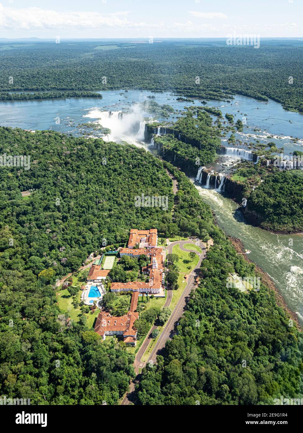 Aerial view by helicopter of Iguazú Falls, Cataratas do Iguaçu, Paraná, Brazil. Stock Photo