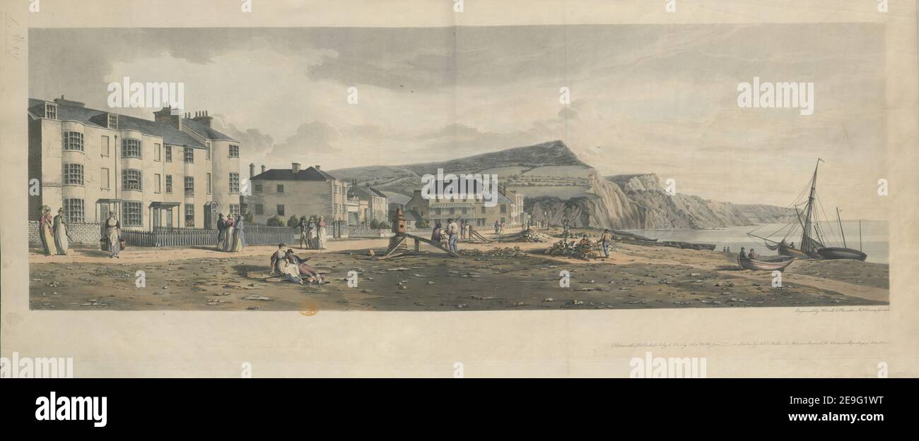 Sidmouth, Devon   Author  Havell, Robert 11.93.b.1. Place of publication: [Sidmouth and London] Publisher: Published July 1 1815 by John Wallis Jnr , in London by J,E Wallis 42 Skinner Street and R. Ackermann, Repository of Arts, Strand., Date of publication: [July 1 1815]  Item type: 1 print Medium: aquatint and etching with hand-colouring Dimensions: sheet 39.2 x 94.8 cm  Former owner: George III, King of Great Britain, 1738-1820 Stock Photo