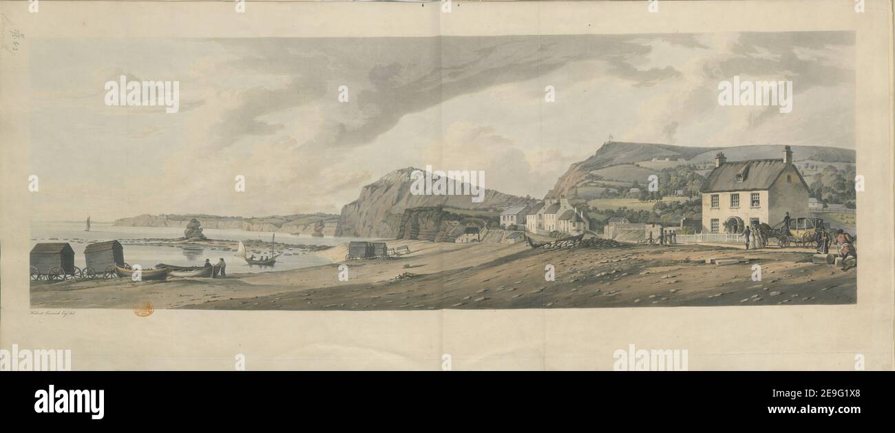 Sidmouth, Devon   Author  Havell, Robert 11.93.b.3. Place of publication: [Sidmouth and London] Publisher: [Published July 1 1815 by John Wallis Jnr , in London by J,E Wallis 42 Skinner Street and R. Ackermann, Repository of Arts, Strand.] Date of publication: [July 1 1815]  Item type: 1 print Medium: aquatint and etching with hand-colouring Dimensions: sheet 39.5 x 94.8 cm  Former owner: George III, King of Great Britain, 1738-1820 Stock Photo
