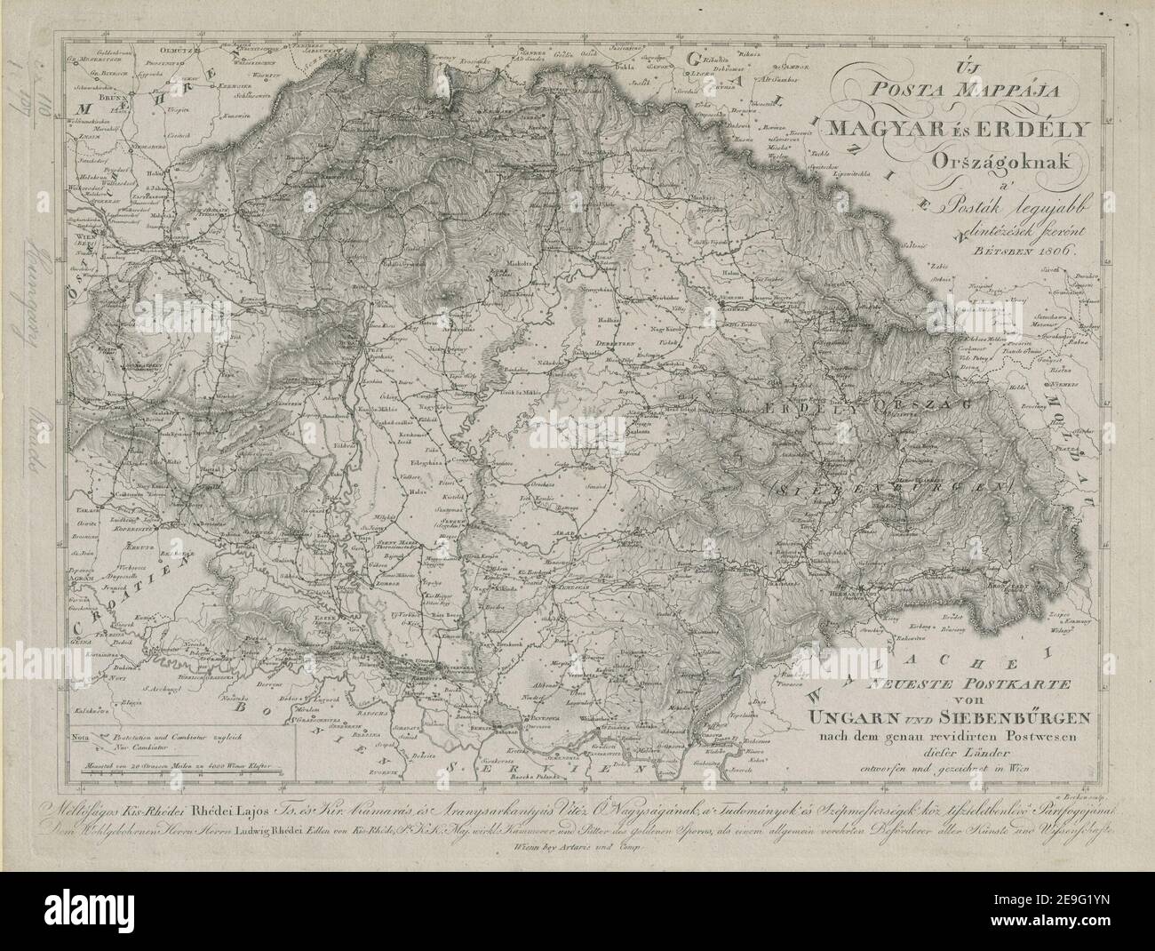 UÃÅJ POSTA MAPPAÃÅJA MAGYAR EÃÅS ERDEÃÅLY OrszaÃÅgoknak a' PostaÃÅk Legujabb elinteÃÅzeÃÅsek szereÃÅnt BEÃÅTZBEN 1806. = NEUESTE POSTKARTE von UNGARN UND SIEBENBUÃàRGEN nach dem genau revidirten Postwesen dieser LaÃànder entwo Author  Berken, Johann 110.107. Place of publication: Wienn [Vienna] Publisher: bey Artarie und Comp:, Date of publication: [1806.]  Item type: 1 map Dimensions: 33 x 46 cm  Former owner: George III, King of Great Britain, 1738-1820 Stock Photo