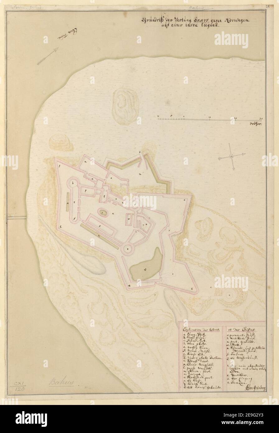 Grundriss der Vestung Bahus gegen Norwegen auf einer insul liegend.  Author  von GruÃànberg, J. C. 111.120. Place of publication: [Sweden] Publisher: [JC von Grunberg]., Date of publication: [1730-1750 c.]  Item type: 1 map Medium: pen and ink with coloured wash Dimensions: 50.5 x 34.3 cm  Former owner: George III, King of Great Britain, 1738-1820 Stock Photo