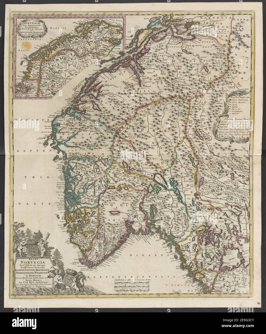 Regni Norvegia  Author  Wit, Frederik de 111.76. Place of publication: Amstelodami Publisher: ex Officina I. Covens et C. Mortier., Date of publication: [1720 c.]  Item type: 1 map Medium: copperplate engraving Dimensions: 56.8 X 48.8 cm  Former owner: George III, King of Great Britain, 1738-1820 Stock Photo