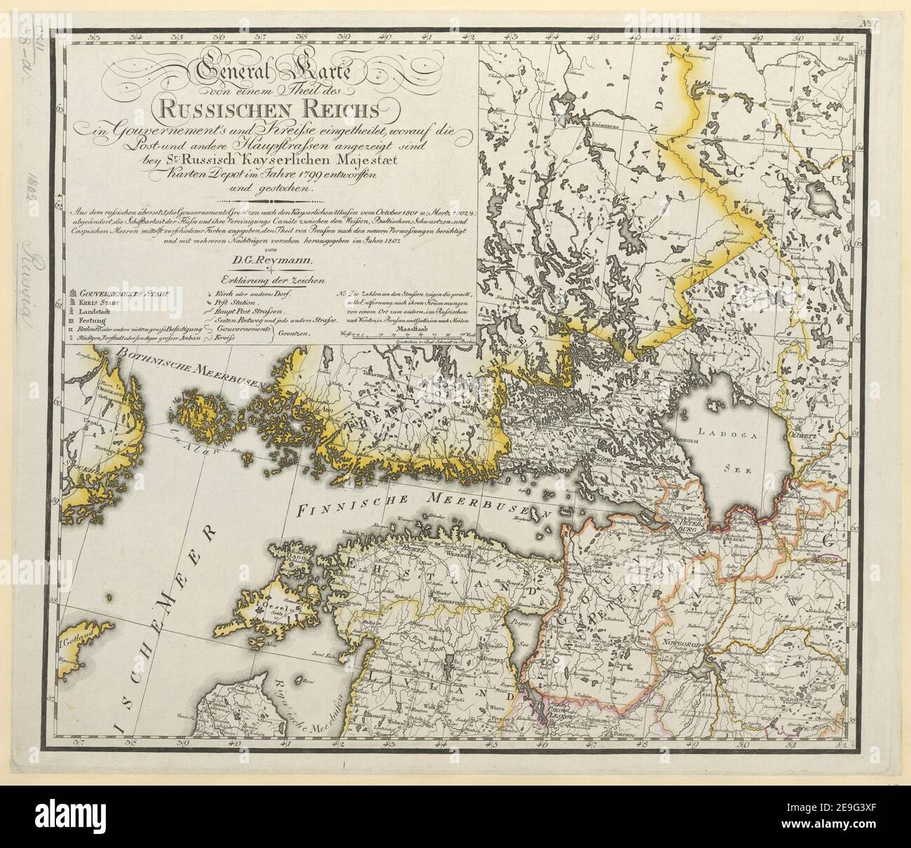 General Karte von einem Theil des Russichen Reichs in Gouvernements und Kreise eingetheilet, worauf die Post und andere Hauptstrassen angezeigt sind bey Sr. Russisch Kayserlichen Majestaet Karten Depot im Jahre 179 Author  Reymann, Daniel Gottlob 112.38.a-i. Place of publication: [Berlin] Publisher: [publisher not identified] Date of publication: 1802.  Item type: 1 map on 9 separate sheets Medium: hand coloured Dimensions: 107 x 127 cm, sheets 40 x 47 cm or smaller  Former owner: George III, King of Great Britain, 1738-1820 Stock Photo