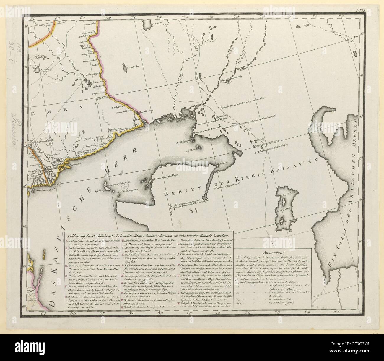 General Karte von einem Theil des Russichen Reichs in Gouvernements und Kreise eingetheilet, worauf die Post und andere Hauptstrassen angezeigt sind bey Sr. Russisch Kayserlichen Majestaet Karten Depot im Jahre 179 Author  Reymann, Daniel Gottlob 112.38.a-i. Place of publication: [Berlin] Publisher: [publisher not identified] Date of publication: 1802.  Item type: 1 map on 9 separate sheets Medium: hand coloured Dimensions: 107 x 127 cm, sheets 40 x 47 cm or smaller  Former owner: George III, King of Great Britain, 1738-1820 Stock Photo