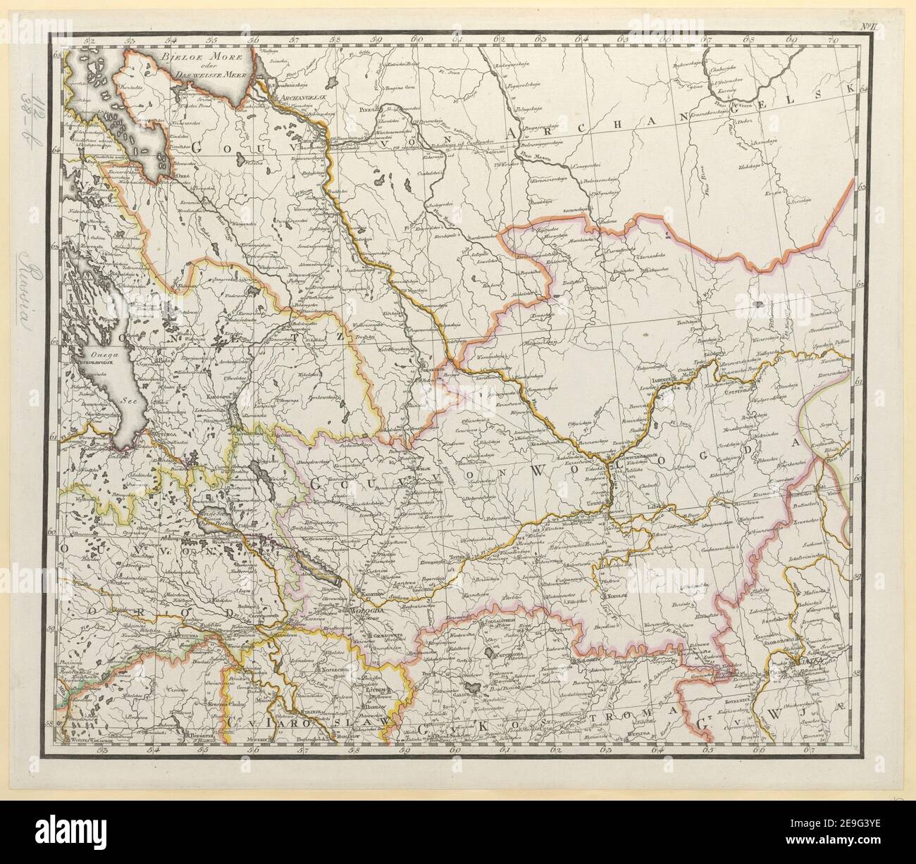 General Karte von einem Theil des Russichen Reichs in Gouvernements und Kreise eingetheilet, worauf die Post und andere Hauptstrassen angezeigt sind bey Sr. Russisch Kayserlichen Majestaet Karten Depot im Jahre 179 Author  Reymann, Daniel Gottlob 112.38.a-i. Place of publication: [Berlin] Publisher: [publisher not identified] Date of publication: 1802.  Item type: 1 map on 9 separate sheets Medium: hand coloured Dimensions: 107 x 127 cm, sheets 40 x 47 cm or smaller  Former owner: George III, King of Great Britain, 1738-1820 Stock Photo