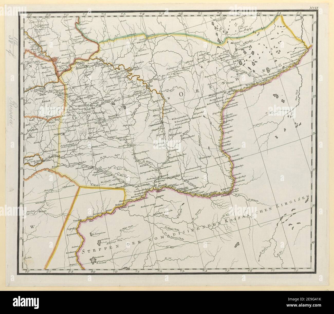 General Karte von einem Theil des Russichen Reichs in Gouvernements und Kreise eingetheilet, worauf die Post und andere Hauptstrassen angezeigt sind bey Sr. Russisch Kayserlichen Majestaet Karten Depot im Jahre 179 Author  Reymann, Daniel Gottlob 112.38.a-i. Place of publication: [Berlin] Publisher: [publisher not identified] Date of publication: 1802.  Item type: 1 map on 9 separate sheets Medium: hand coloured Dimensions: 107 x 127 cm, sheets 40 x 47 cm or smaller  Former owner: George III, King of Great Britain, 1738-1820 Stock Photo