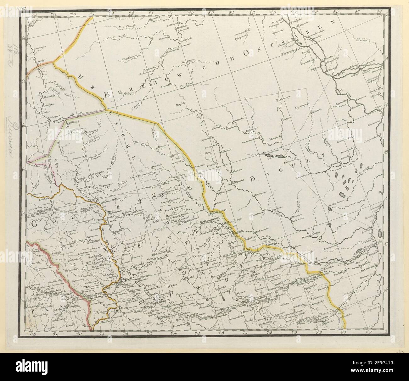 General Karte von einem Theil des Russichen Reichs in Gouvernements und Kreise eingetheilet, worauf die Post und andere Hauptstrassen angezeigt sind bey Sr. Russisch Kayserlichen Majestaet Karten Depot im Jahre 179 Author  Reymann, Daniel Gottlob 112.38.a-i. Place of publication: [Berlin] Publisher: [publisher not identified] Date of publication: 1802.  Item type: 1 map on 9 separate sheets Medium: hand coloured Dimensions: 107 x 127 cm, sheets 40 x 47 cm or smaller  Former owner: George III, King of Great Britain, 1738-1820 Stock Photo