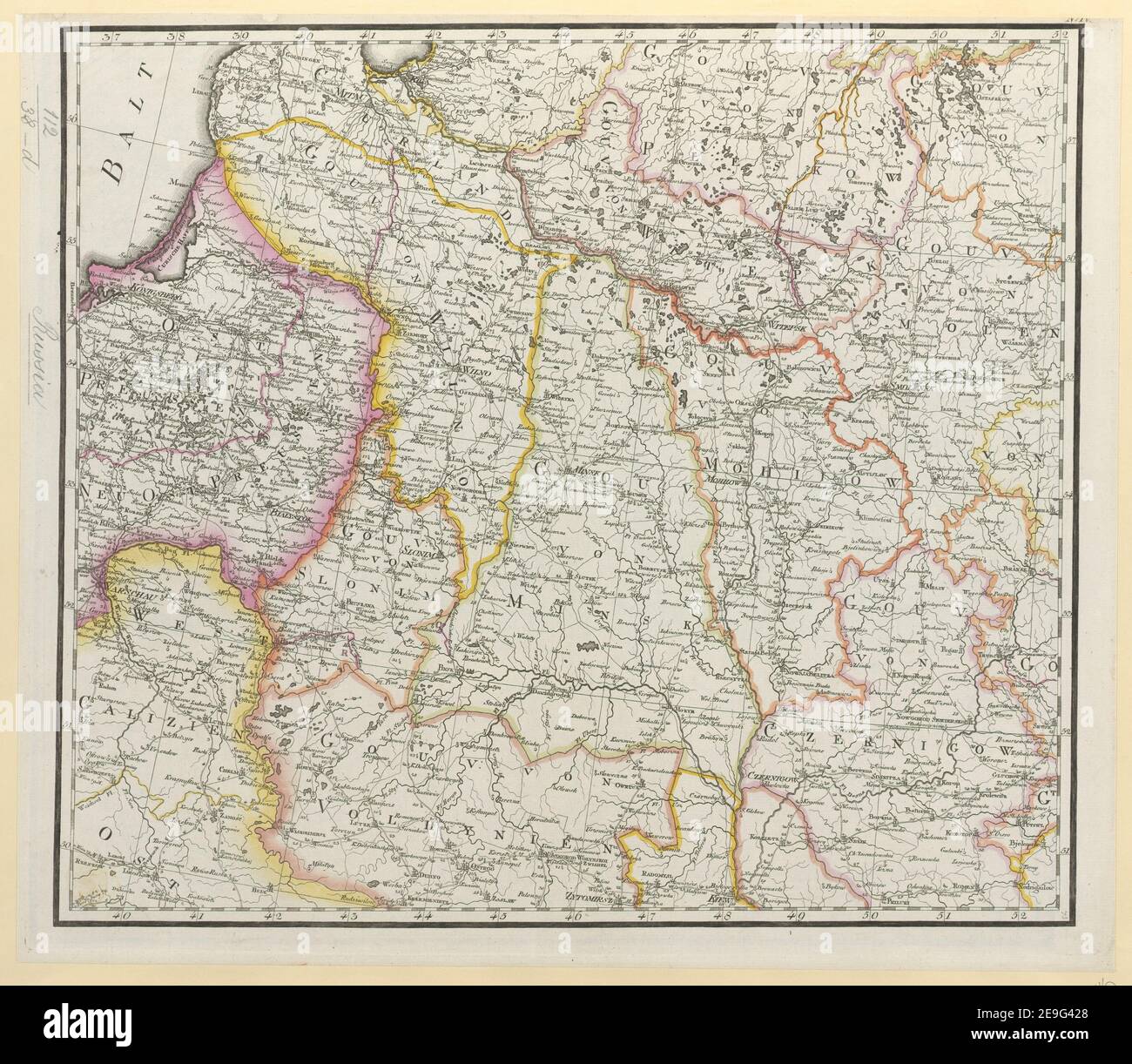 General Karte von einem Theil des Russichen Reichs in Gouvernements und Kreise eingetheilet, worauf die Post und andere Hauptstrassen angezeigt sind bey Sr. Russisch Kayserlichen Majestaet Karten Depot im Jahre 179 Author  Reymann, Daniel Gottlob 112.38.a-i. Place of publication: [Berlin] Publisher: [publisher not identified] Date of publication: 1802.  Item type: 1 map on 9 separate sheets Medium: hand coloured Dimensions: 107 x 127 cm, sheets 40 x 47 cm or smaller  Former owner: George III, King of Great Britain, 1738-1820 Stock Photo