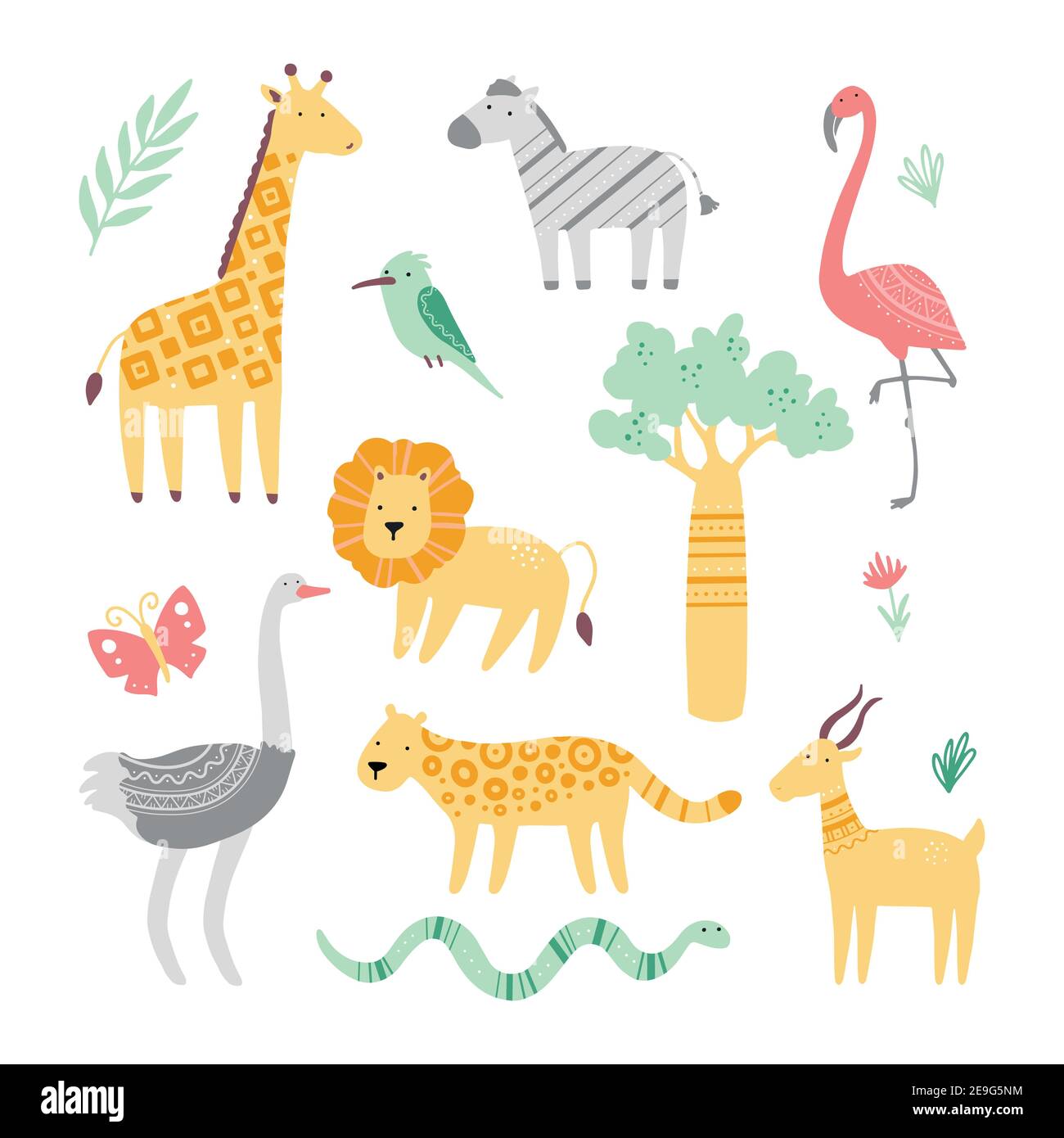 Set of cute african zoo animals giraffe, zebra, lion, bird, snake, lizard, cheetah, crocodile. Flat and simple design style for baby, children illustration. Stock Vector
