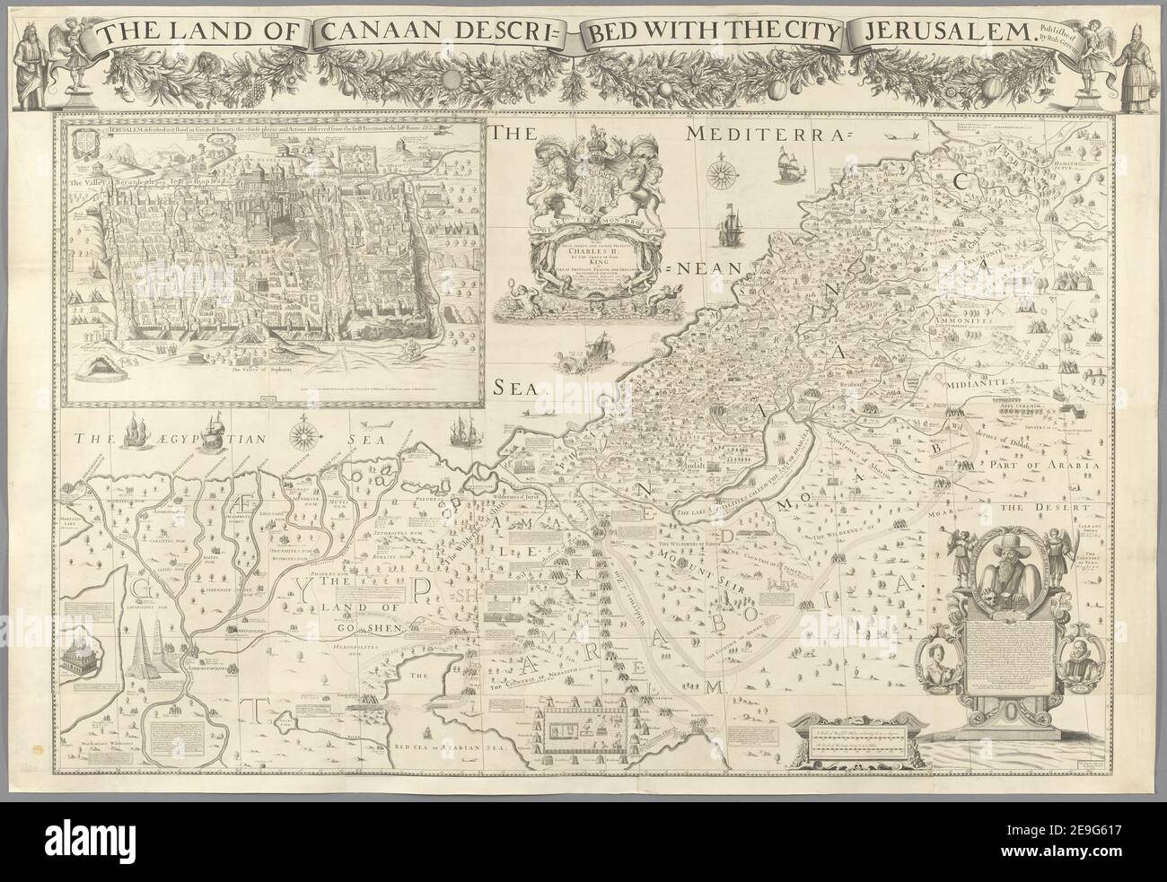 The Land of Ca naan  described, with  the City Jerusalem. Published by Rob. Greene. This map was made and finished by Mr John More ... And after his death was published at the only charge of ... Mr. John Speed. A Map information:  Title: [[The Land of Ca]naan [described, with] the City Jerusalem. Published by Rob. Greene. This map was made and finished by Mr John More ... And after his death was published at the only charge of ... Mr. John Speed. And whereas ye Plates were destroyed in the dreadfull fire 1666: At ye desire of severall learned persons, the whole was revised , corrected by a car Stock Photo