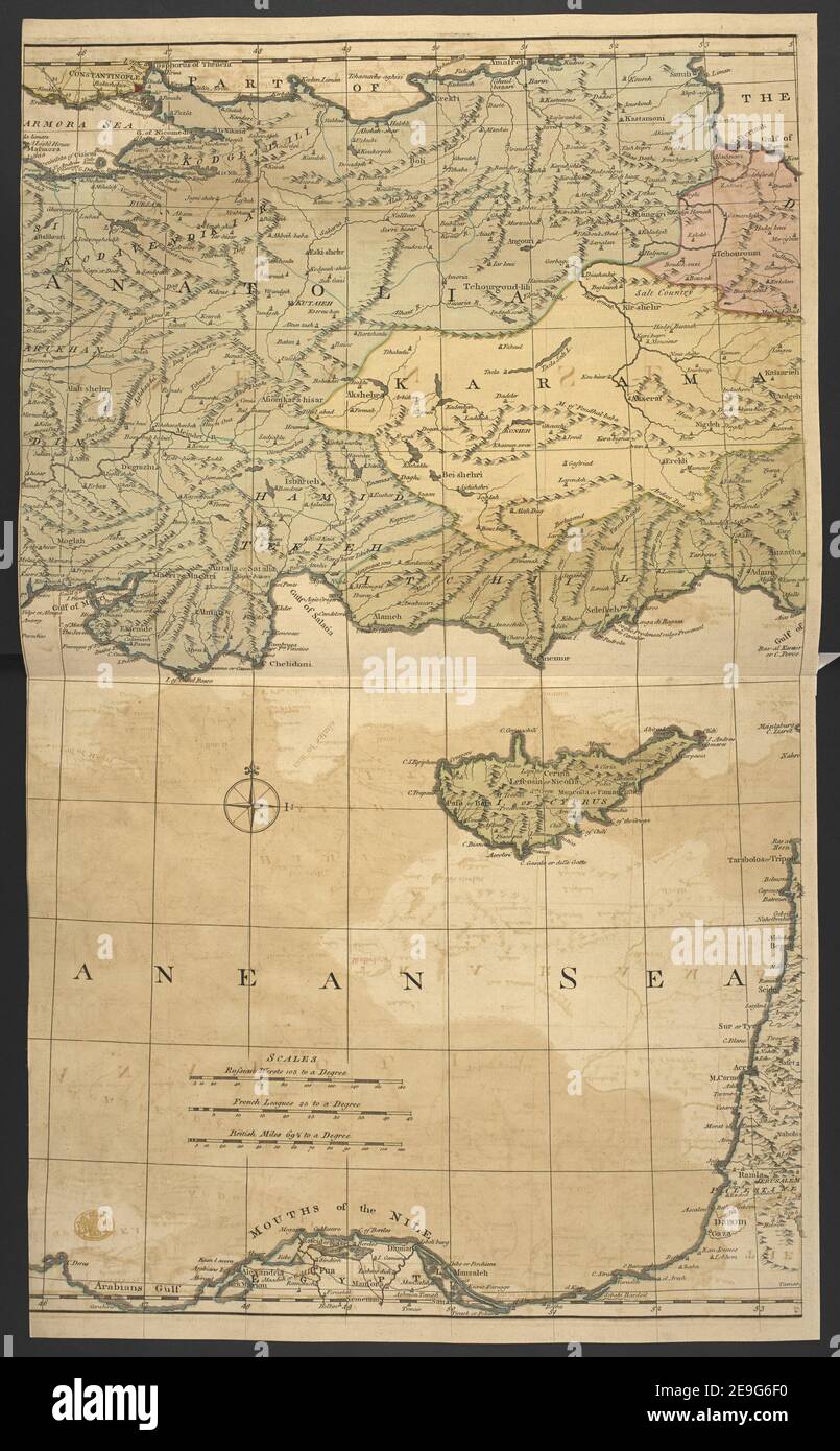 A New & Accurate MAP of the SEAT OF WAR, containing the MOREA, the ISLANDS of the ARCHIPELAGEO, and a great part of Turkey in Asia Drawn from the best authorities, and on the same SCALE as the large MAP of the SEAT Author  Bell, Peter 113.21. Place of publication: [London] Publisher: BY PETER BELL, Geographer, Date of publication: [1785?]  Item type: 1 map on 3 sheets Medium: copperplate engraving, hand colour Dimensions: 68 x 124 cm  Former owner: George III, King of Great Britain, 1738-1820 Stock Photo