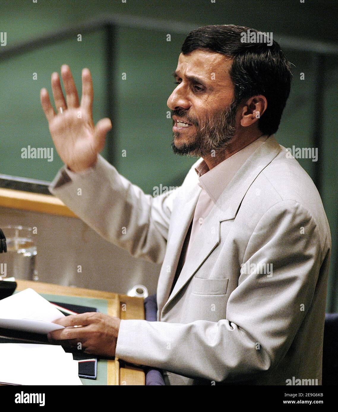 Iranian President Mahmoud Ahmadinejad addresses the 61st United Nations General Assembly session at the UN headquarters in New York City, NY, USA, on September 19, 2006. Ahmadinejad launched a scathing attack on the United States and Britain, accusing them of using the United Nations to dominate international affairs and prevent his country from having nuclear power. Photo by Olivier Douliery/ABACAPRESS.COM Stock Photo