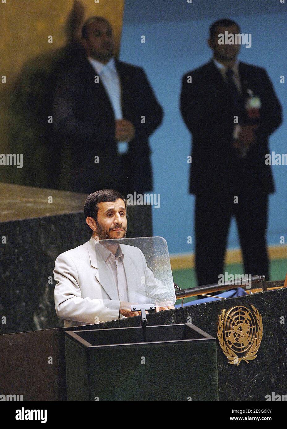 Iranian President Mahmoud Ahmadinejad addresses the 61st United Nations General Assembly session at the UN headquarters in New York City, NY, USA, on September 19, 2006. Ahmadinejad launched a scathing attack on the United States and Britain, accusing them of using the United Nations to dominate international affairs and prevent his country from having nuclear power. Photo by Olivier Douliery/ABACAPRESS.COM Stock Photo