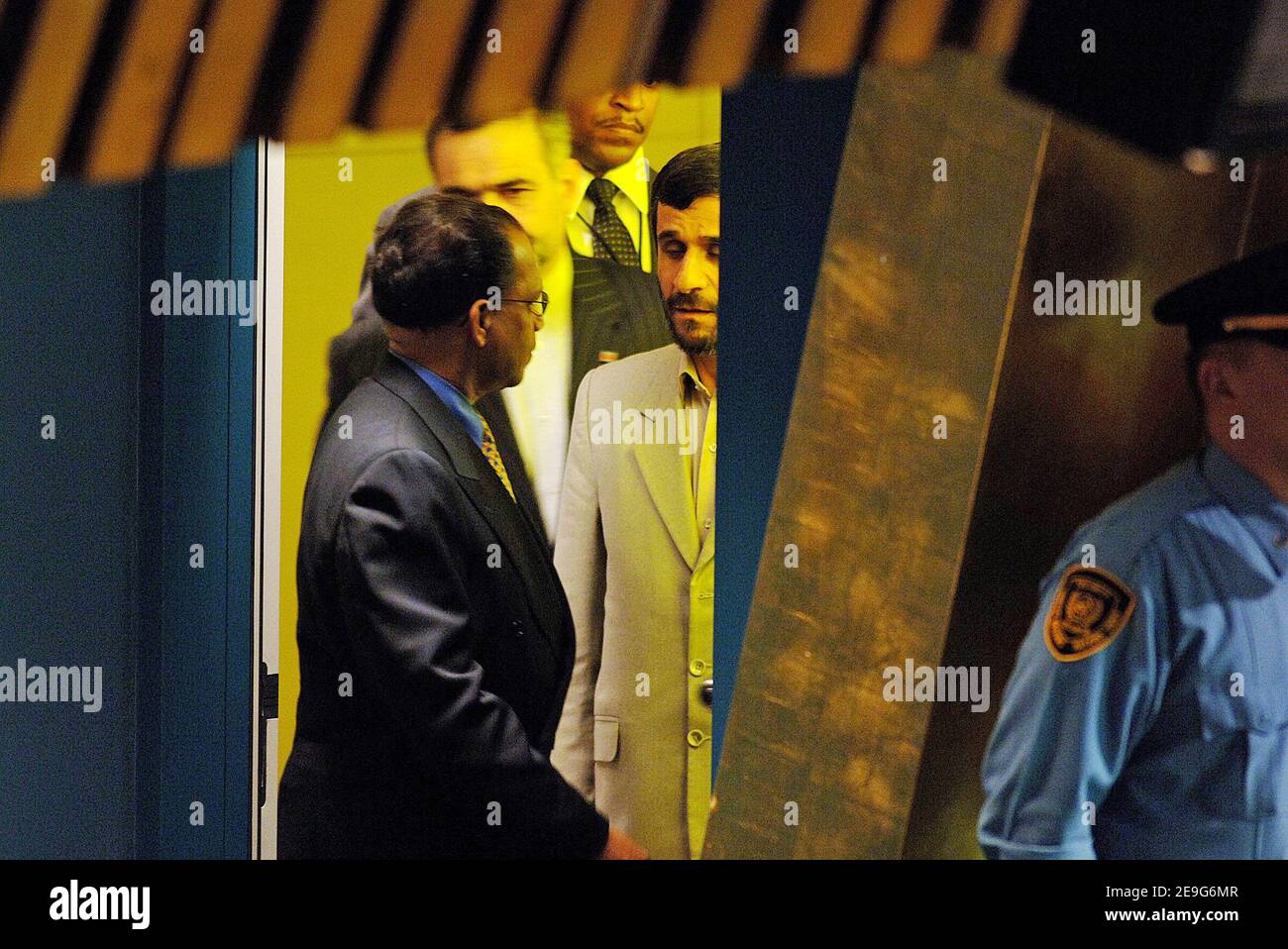 Iranian President Mahmoud Ahmadinejad arrives to address the 61st United Nations General Assembly session at the UN headquarters in New York City, NY, USA, on September 19, 2006. Ahmadinejad launched a scathing attack on the United States and Britain, accusing them of using the United Nations to dominate international affairs and prevent his country from having nuclear power. Photo by Olivier Douliery/ABACAPRESS.COM Stock Photo