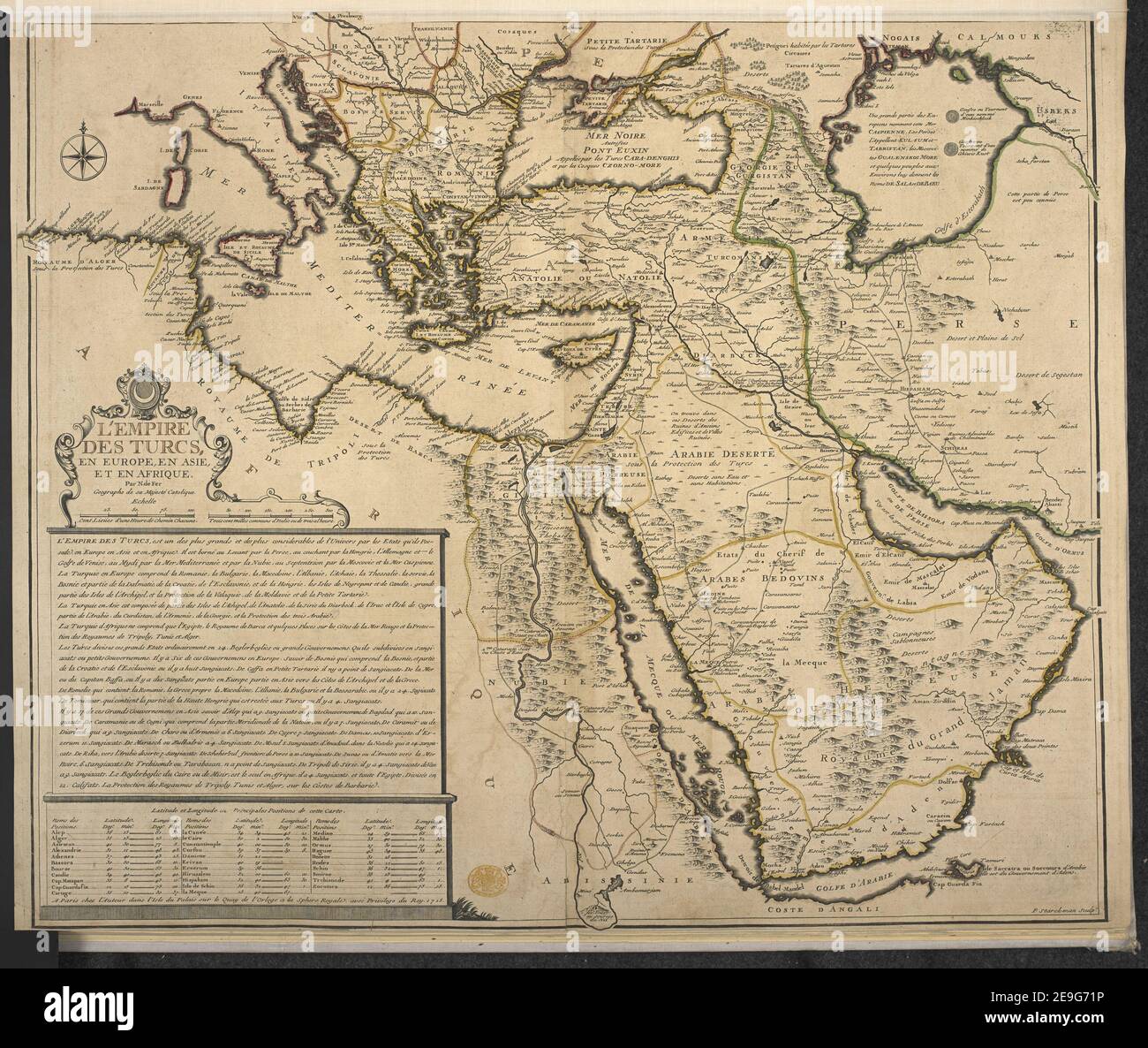 L'EMPIRE DES TURCS, EN EUROPE, EN ASIE,, ET EN AFRIQUE  Author  Fer, Nicolas de 113.7. Place of publication: A Paris Publisher: chez l'Auteur dans l'Isle du Palais sur le Quay de l'Orloge a la Sphere Royale avec Privilege du Roy, Date of publication: 1715.  Item type: 1 map Medium: copperplate engraving, hadn colour in outline Dimensions: 49 x 58 cm  Former owner: George III, King of Great Britain, 1738-1820 Stock Photo