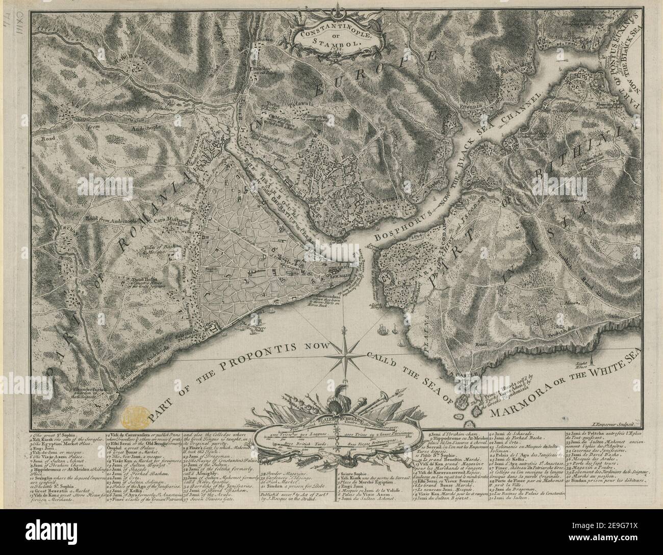 CONSTANTINOPLE, or STAMBOL. 1752.  Author  Rocque, John 113.74. Place of publication: [London] Publisher: Publish'd accor.d to Act of Parl.t by J. Rocque in the Strand, Date of publication: [1752.]  Item type: 1 map Medium: copperplate engraving Dimensions: 30 x 43 cm, on sheet 36 x 47 cm  Former owner: George III, King of Great Britain, 1738-1820 Stock Photo