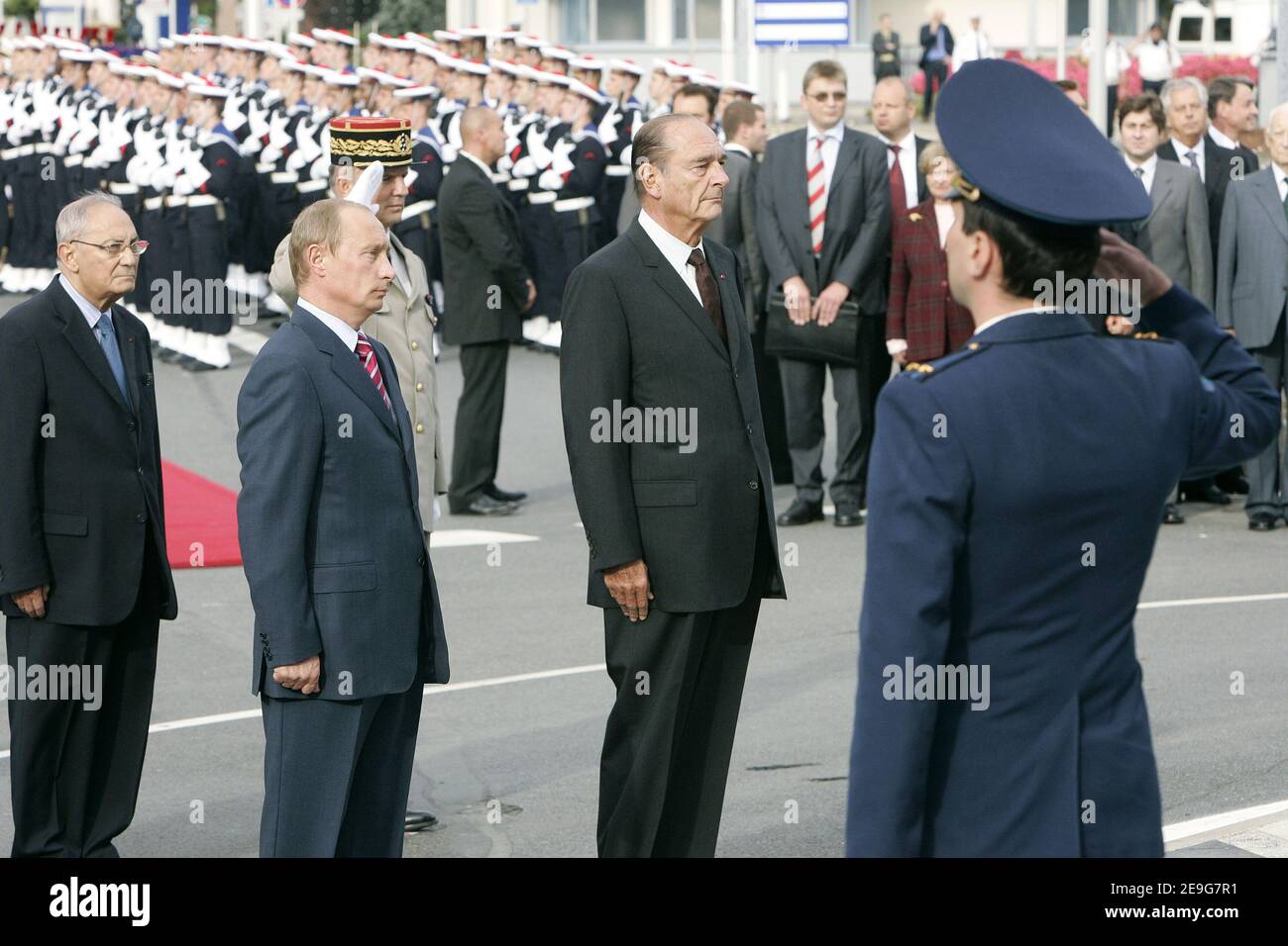 French President Jacques Chirac and President of Russia Vladimir Putin during the Normandie-Niemen monument unveiling ceremony in Le Bourget on september 22, 2006. The monument honours the squadron of French and Russian pilots who fought together against the Nazis in World War II. Photo by Mousse/ABACAPRESS.COM Stock Photo