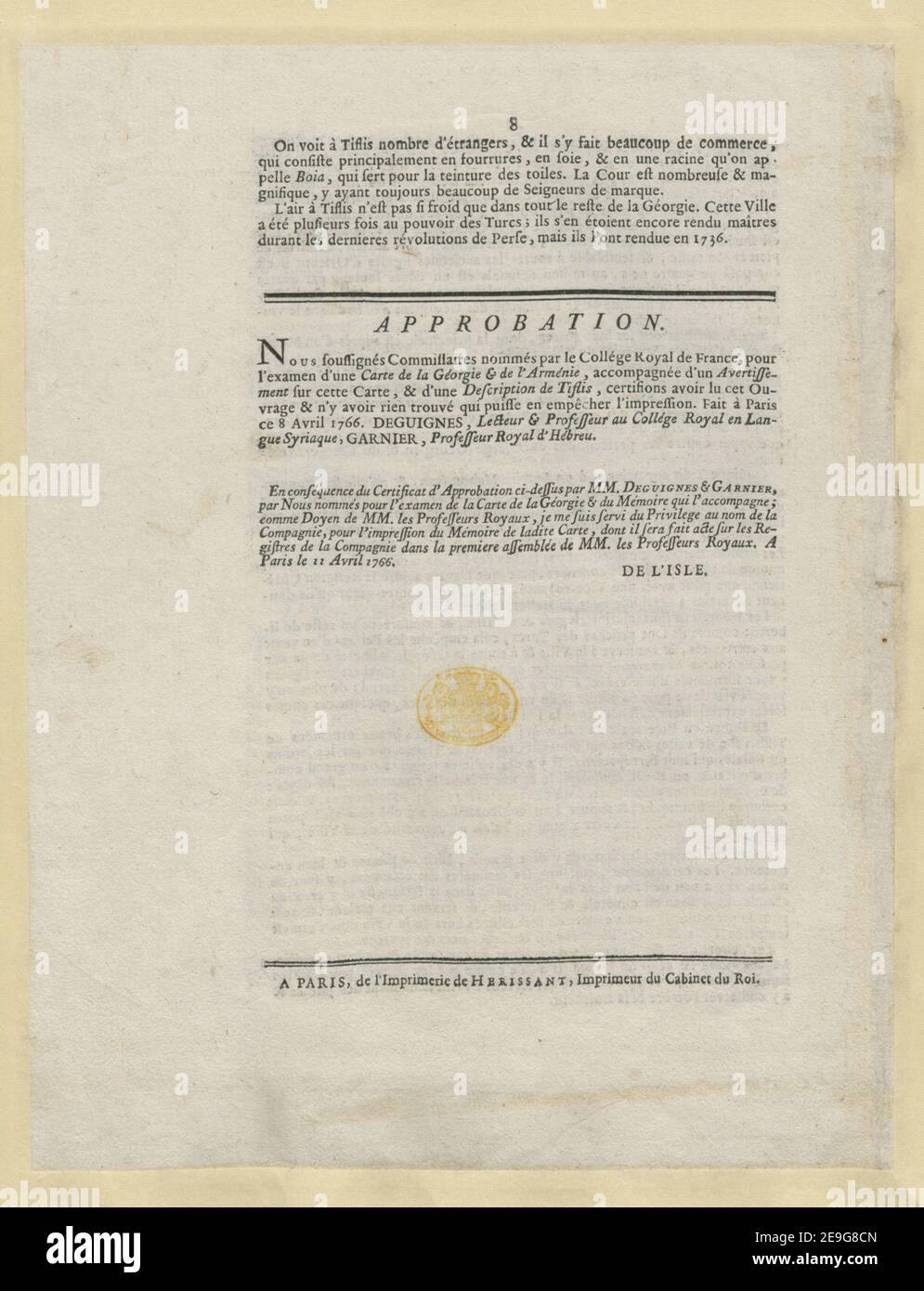 Avertissement Sur la Carte geÃÅneÃÅrale de la GeÃÅorgie, ArmeÃÅnie, &c. Book information:  Title: Avertissement Sur la Carte geÃÅneÃÅrale de la GeÃÅorgie, ArmeÃÅnie, ,c. 114.58.b. Place of publication: A Paris Publisher: de l'Imprimerie de Herissant, Imprimeur du Cabinet du Roi., Date of publication: [1766 c.]  Item type: 1 pamphlet Dimensions: sheet 25.1 x 36.3 cm  Former owner: George III, King of Great Britain, 1738-1820 Stock Photo