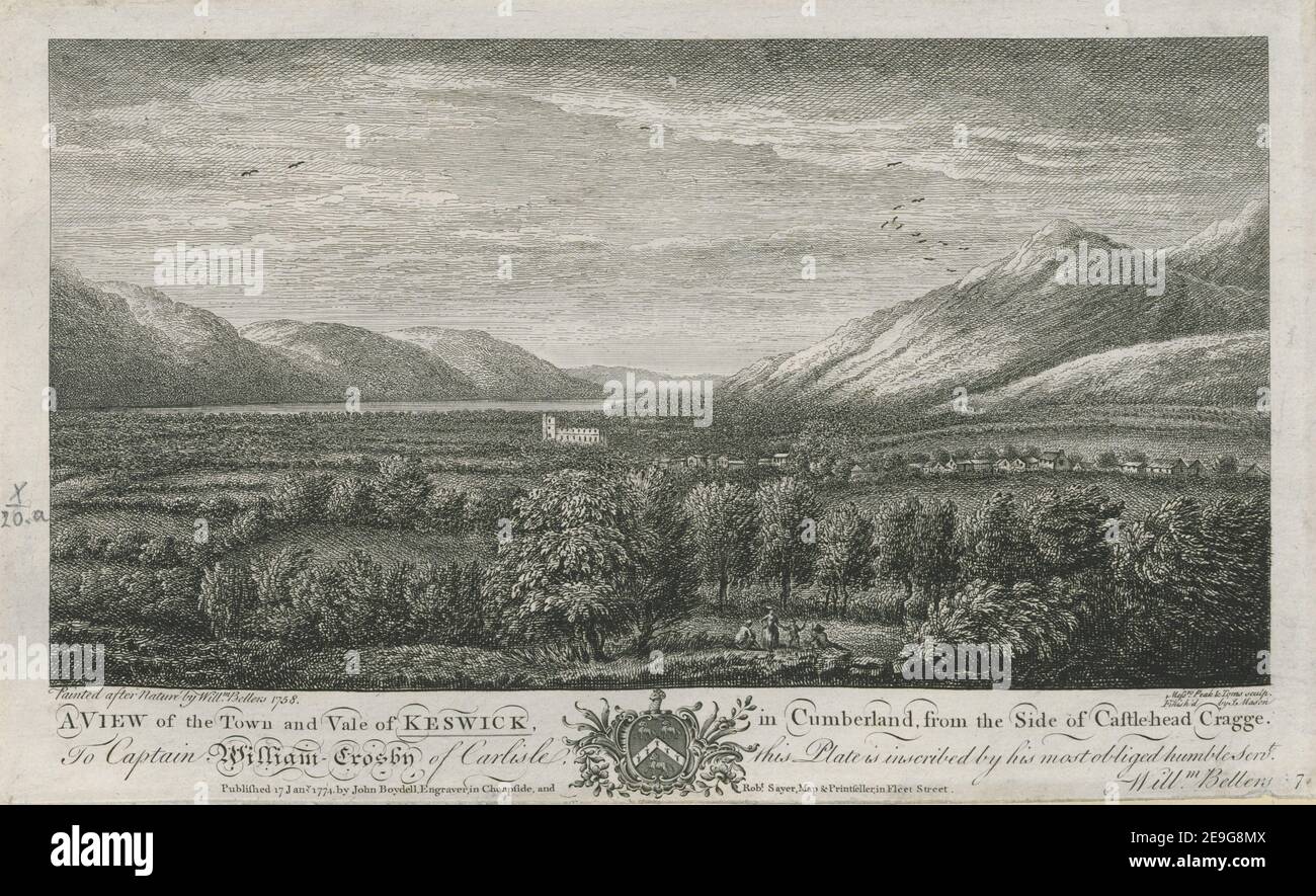 A VIEW of the Town and Vale of KESWICK, in Cumberland, from the Side of Castle head Cragge.  Author  Bellers, William 10.20.a. Place of publication: [London] Publisher: Published 17 Jany. 1774. by John Boydell, Engraver, in Cheapside, and Robt. Sayer, Map , Printseller, in Fleet Street. Date of publication: [January 17 1774]  Item type: 1 print Medium: etching and engraving Dimensions: sheet 19.6 x 31.8 cm (trimmed below platemark, except at the bottom left).  Former owner: George III, King of Great Britain, 1738-1820 Stock Photo