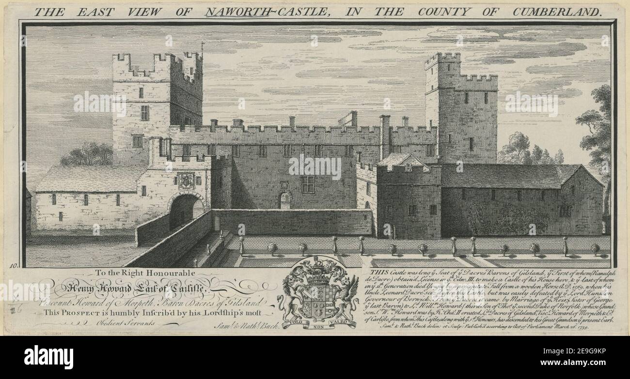 THE EAST VIEW OF NAWORTH CASTLE, IN THE COUNTY OF CUMBERLAND.  Author  Buck, Samuel 10.26. Place of publication: [London] Publisher: Publish'd according to Act of Parliament Date of publication: March 26. 1739.  Item type: 1 print Medium: etching and engraving Dimensions: sheet 19.6 x 37.0 cm. Trimmed below platemark except along the left and bottom edges.  Former owner: George III, King of Great Britain, 1738-1820 Stock Photo