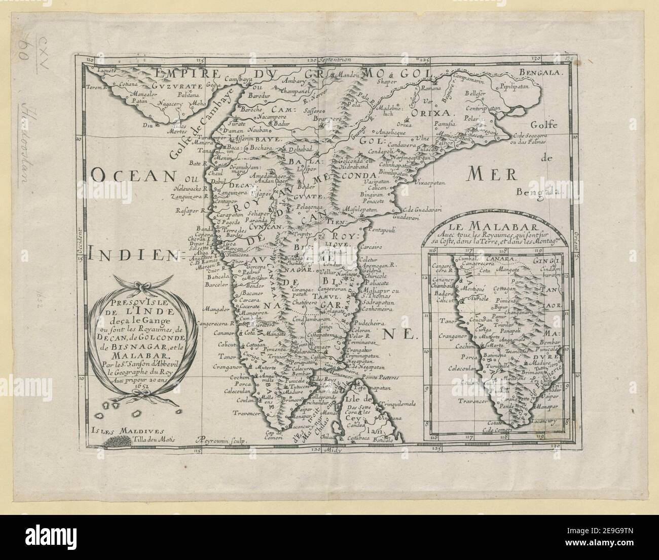 Presqv'Isle de l'Inde  Author  Sanson, N. 115.60. Place of publication: [Paris] Publisher: Auec pri pour 20 ans., Date of publication: 1652.  Item type: 1 map Medium: copperplate engraving Dimensions: 18.2 x 23.5 cm  Former owner: George III, King of Great Britain, 1738-1820 Stock Photo