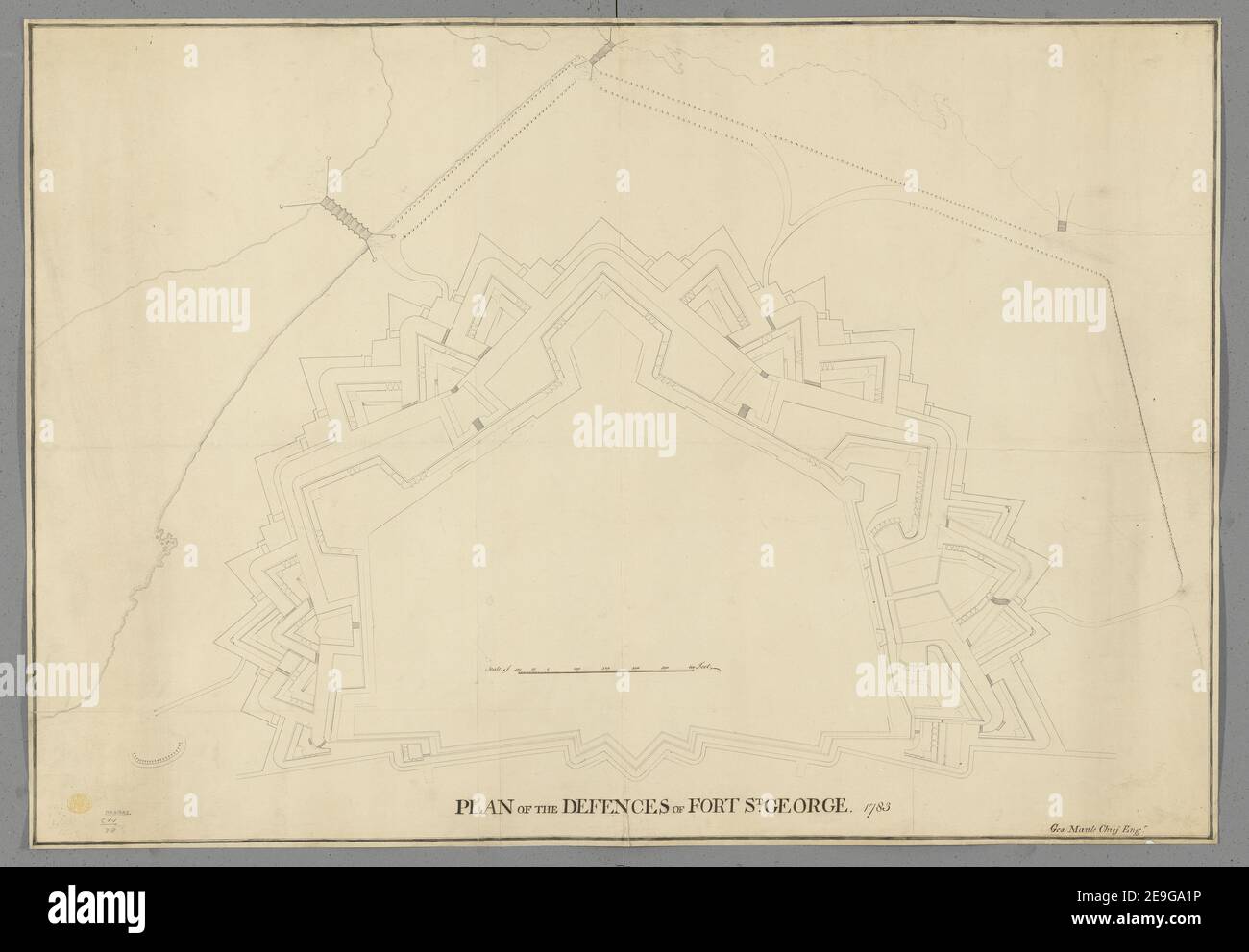 A plan of the Defences of Fort St. George drawn by George Maule, Chief Engineer, 1783, on a scale of 100 feet to an inch. Map information:  Title: A plan of the Defences of Fort St. George; drawn by George Maule, Chief Engineer, 1783, on a scale of 100 feet to an inch. 115.78. Date of publication: 1783.  Item type: Ms. 3 f. 4 in. x 2 f. 4 in.  Former owner: George III, King of Great Britain, 1738-1820 Stock Photo