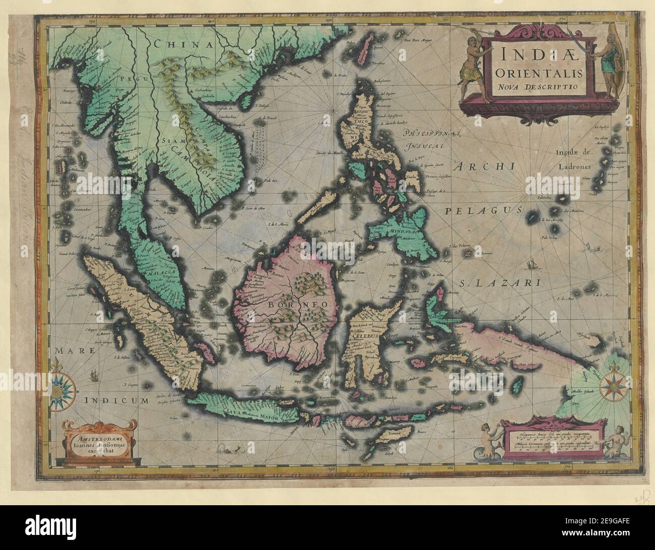 INDI√Ü ORIENTALIS NOVA DESCRIPTIO. Author  Jansson, Jan 116.28. Place of publication: Amstelodami Publisher: Ioannes Iansonius excudebat, Date of publication: [1633?]  Item type: 1 map Medium: hand coloured Dimensions: 37 x 48 cm  Former owner: George III, King of Great Britain, 1738-1820 Stock Photo