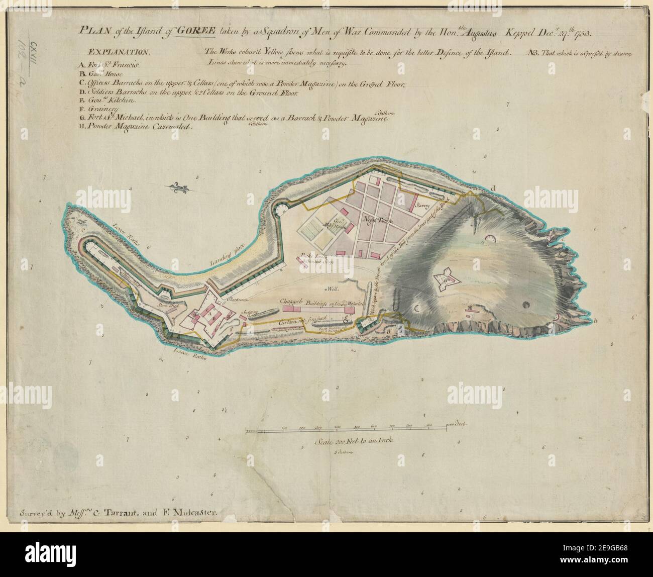 PLAN of the Island of Goree taken by a Squadron of Men of War Commanded by the Hon:ble Agustus Keppel Decr: 29.th 1758.  Author  Tarrant, Charles 117.102a. Place of publication: [GoreÃÅe] Publisher: [Charles Tarrant and Frederick G. Mulcaster] Date of publication: [between 1758 and 1763.]  Item type: 1 map Medium: ink and watercolour over pencil Dimensions: 36 x 45 cm  Former owner: George III, King of Great Britain, 1738-1820 Stock Photo