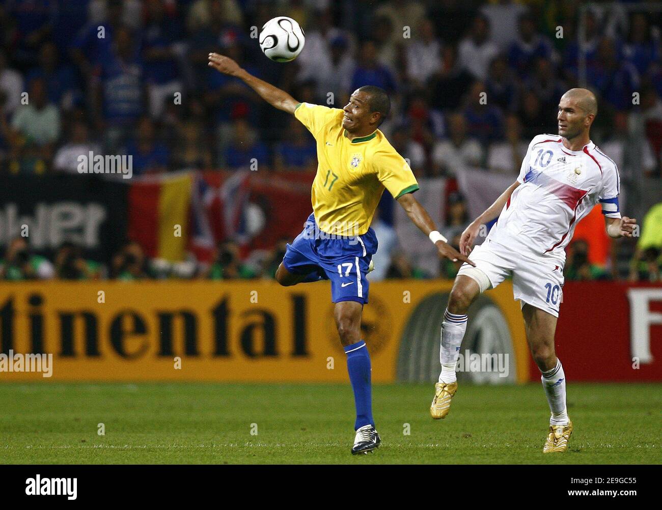 France's Zinedine Zidane and Brazil's Silva Gilberto battle for the ball during the World Cup 2006, quater-final, Brazil vs France at the Commerzbank-Arena stadium in Frankfurt, Germany on July 1, 2006. France won 1-0 and advances to World Cup semifinals. Photo by Christian Liewig/ABACAPRESS.COM Stock Photo