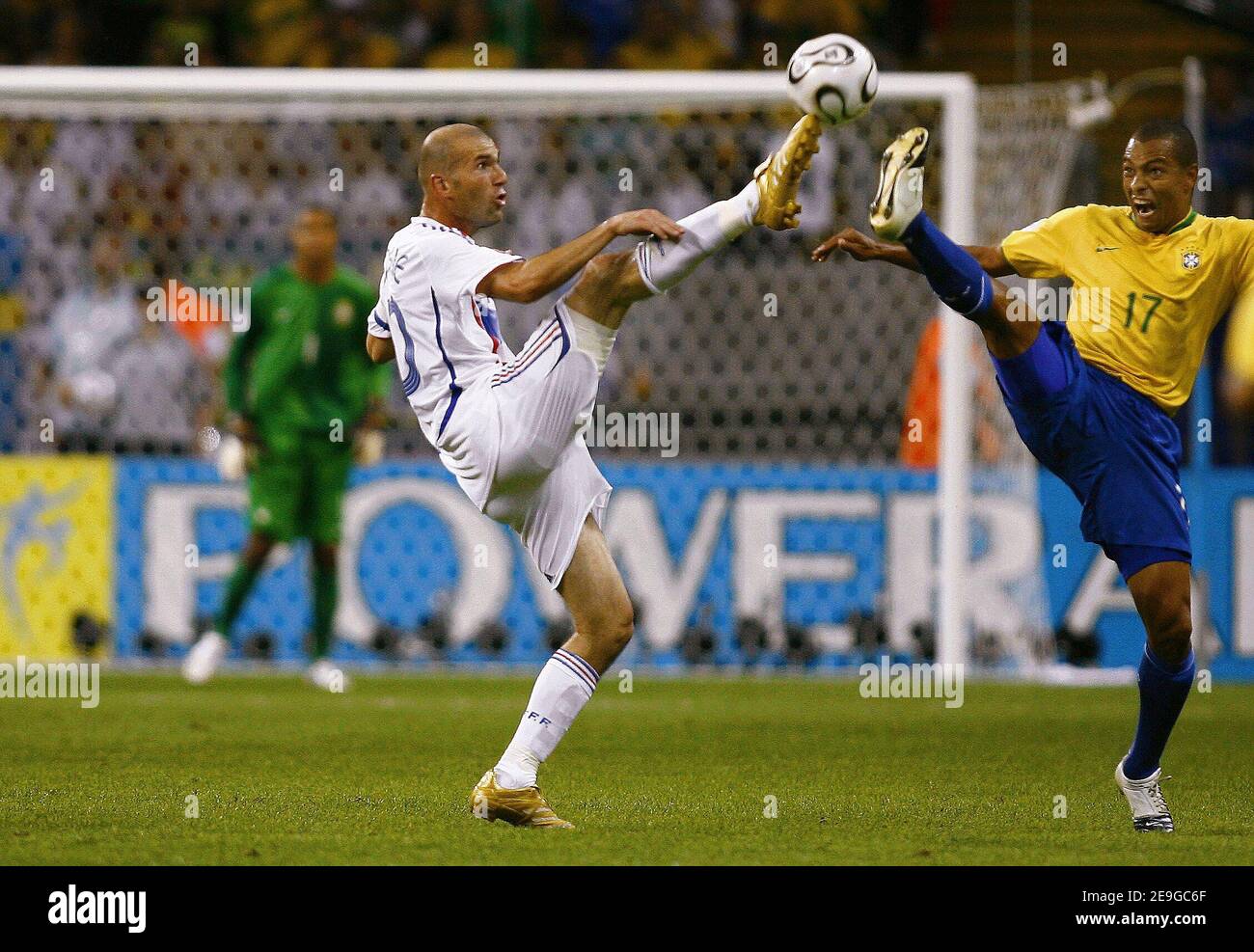 France's Zinedine Zidane and Brazil's Silva Gilberto battle for the ball during the World Cup 2006, quater-final, Brazil vs France at the Commerzbank-Arena stadium in Frankfurt, Germany on July 1, 2006. France won 1-0 and advances to World Cup semifinals. Photo by Christian Liewig/ABACAPRESS.COM Stock Photo