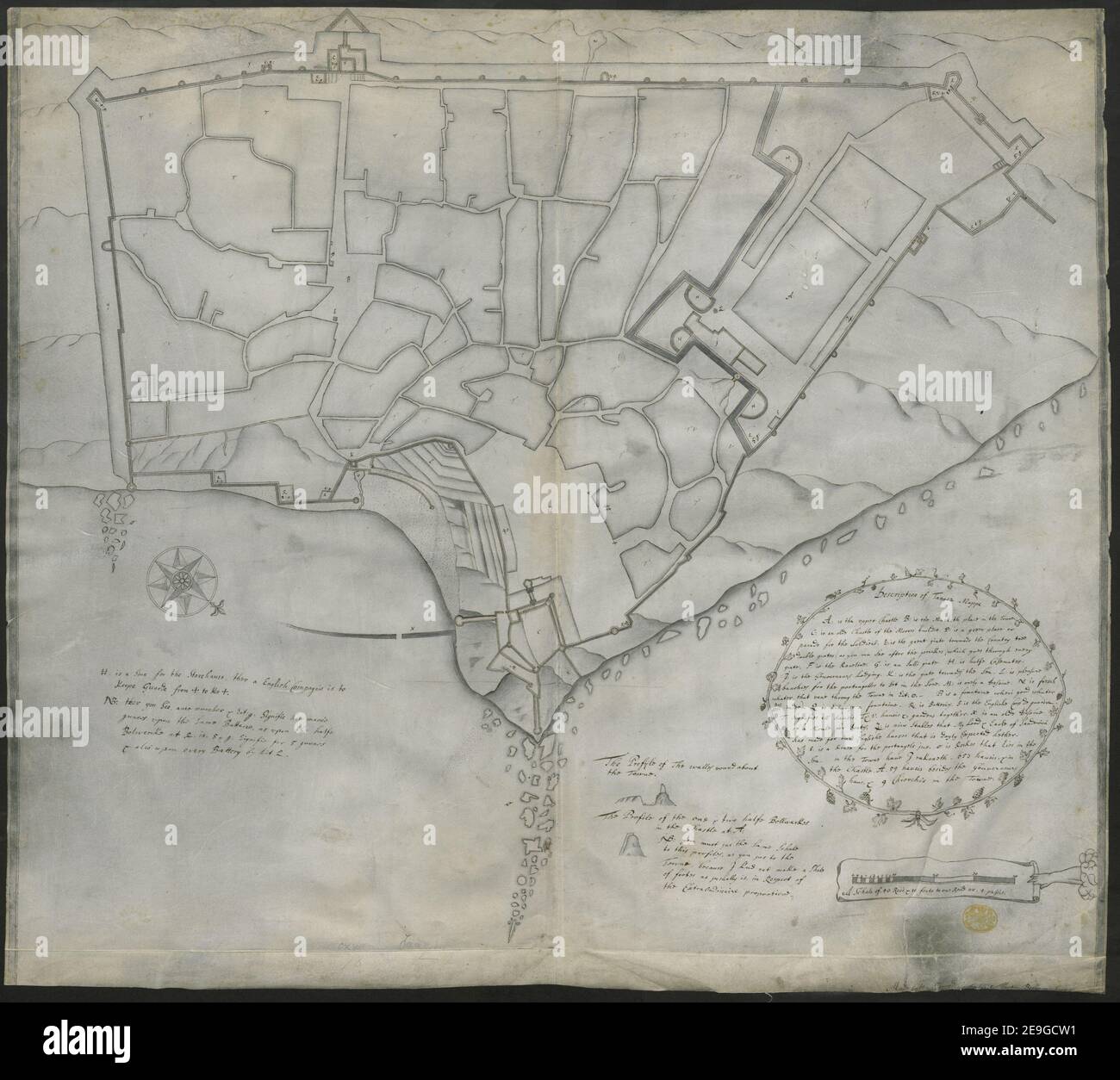 A plan of the town of Tangier drawn on vellum, on a scale of 10 rods, of 10 feet each, to an inch . Author  Beckman, Martin 117.78. Place of publication: [Tangier] Publisher: [Martin Beckman] Date of publication: [1662.]  Item type: 1 map Medium: ink and monochrome wash on vellum Dimensions: 38 x 54 cm  Former owner: George III, King of Great Britain, 1738-1820 Stock Photo