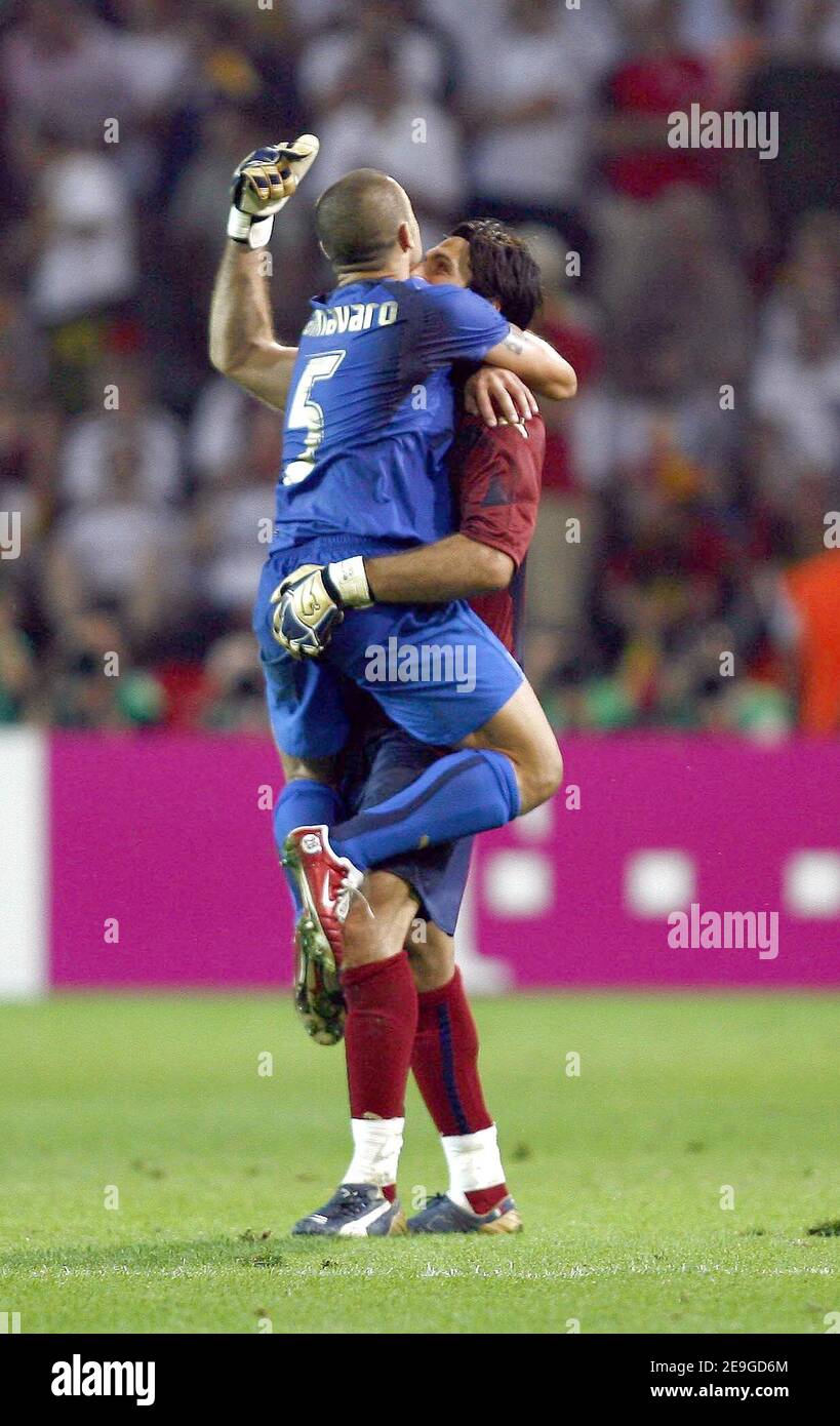 Italy's Alessandro Del Piero and goalkeeper Gianluigi Buffon celebrate their victory after the World Cup 2006, semifinals, Italy vs Germany at the Signal Iduna Park stadium in Dortmund, Germany on July 4, 2006. Italy won 2-0. Photo by Christian Liewig/ABACAPRESS.COM Stock Photo