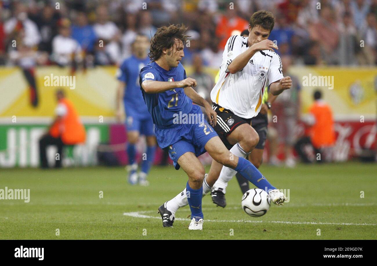 Italy's Andrea Pirlo and Germany's Miroslav Klose battle for the ball during the World Cup 2006, semifinals, Italy vs Germany at the Signal Iduna Park stadium in Dortmund, Germany on July 4, 2006. Italy won 2-0. Photo by Christian Liewig/ABACAPRESS.COM Stock Photo