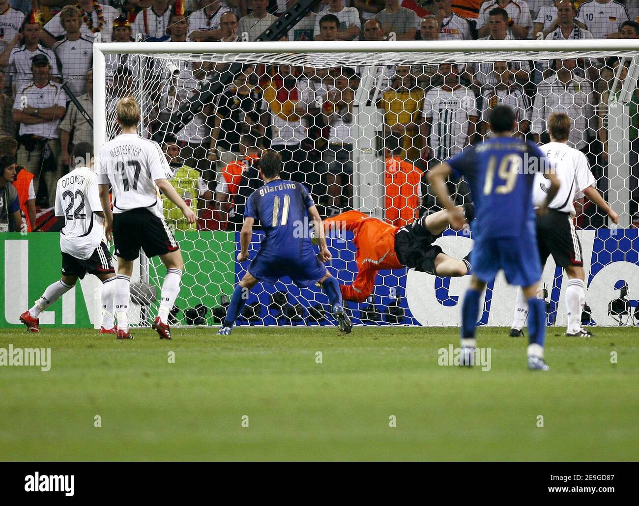 Italy's Fabio Grosso scores the first goal during the World Cup 2006, semifinals, Italy vs Germany at the Signal Iduna Park stadium in Dortmund, Germany on July 4, 2006. Italy won 2-0. Photo by Christian Liewig/ABACAPRESS.COM Stock Photo